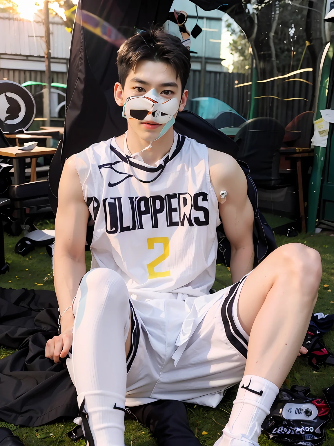（Chinese handsome：1.5），Sit on the lawn，The sun shines through the leaves，In the style of He Jiaying，Topographic map，webcam photography，Untrained，haven，18-year-old boy，Studio，danshi koukousei，Mannequin，Long legs，Realistic photos,White top，short white pants,white legwear，No shoes,no shoe，