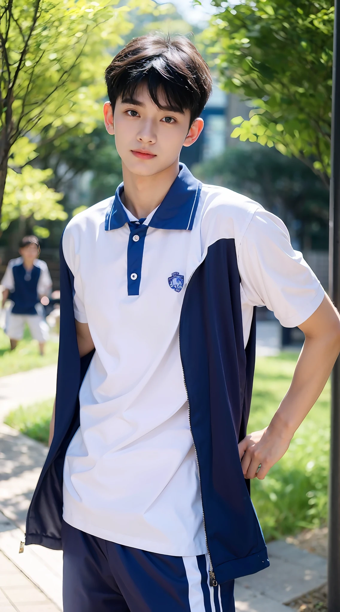 （Handsome Chinese guy：1.5），Boy on the playground，校服，Realistic photos，Wearing a blue school uniform，Brush cut，Textured skin，looks into camera，18-year-old boy，Studio，danshi koukousei，Muscle role，Perfect shadow body，Gigachad muscle，The trend is at CGSTATION，Hero male pose，