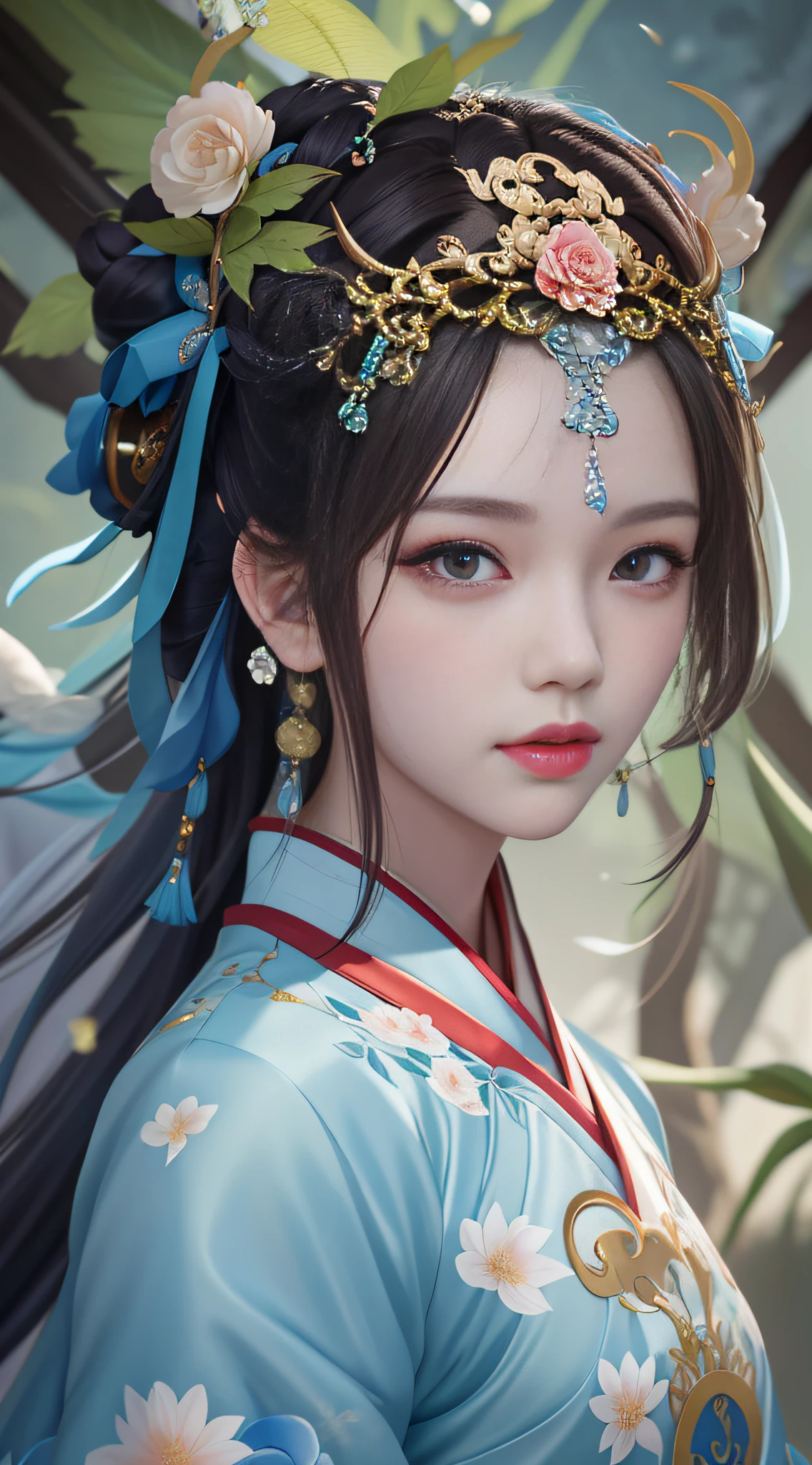 Close-up of a woman wearing a flower crown and a blue dress, Guviz-style artwork, Guviz, Palace ， A girl in Hanfu, Beautiful character painting, trending on cgstation, a beautiful fantasy empress, Beautiful digital artwork, author：Fan Qi, by Yang J, Guweiz in Pixiv ArtStation, Chinese girl