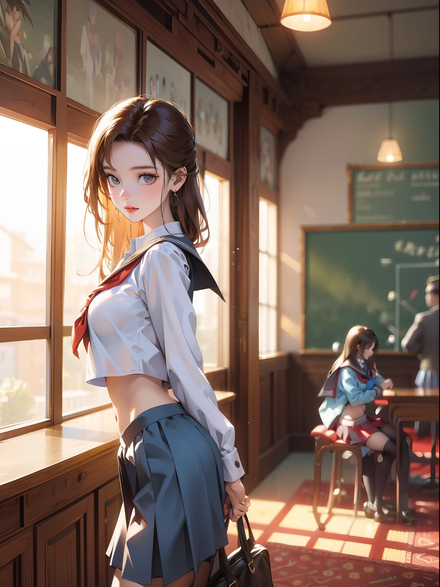 1girl,large breasts,midriff,
indoors,bedroom,standing,cowboy shot, ((school_uniform))