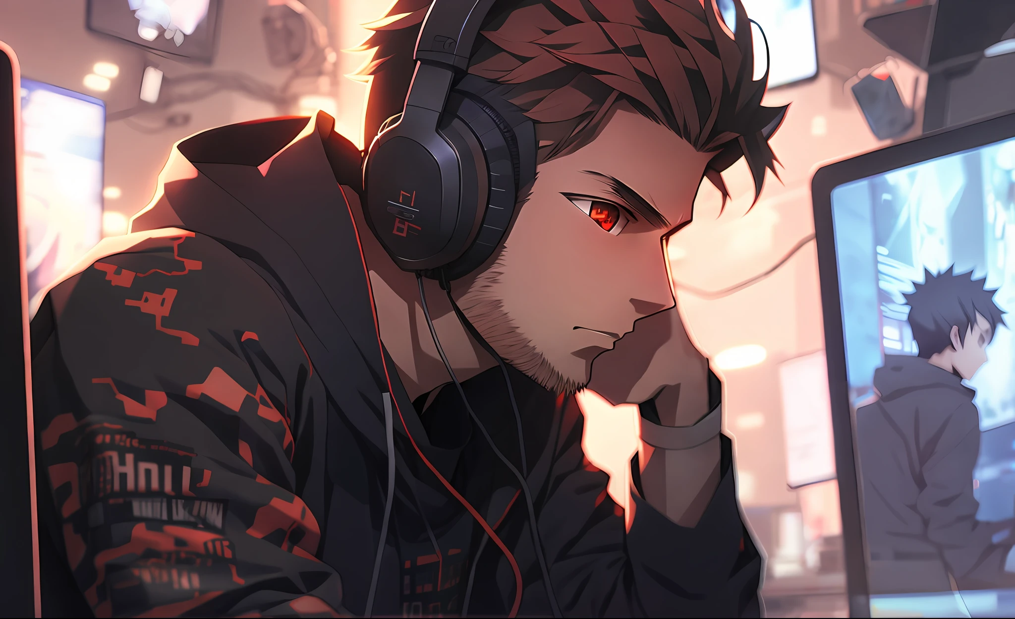 There was a man wearing headphones sitting in front of a computer, High Quality Anime Art Style, Guviz-style artwork, young anime man, profile picture 1024px, anime moe art style, trigger anime artstyle, Kawasi, Anime handsome man, style of anime4 K, male anime character, Epic anime style, Handsome anime pose