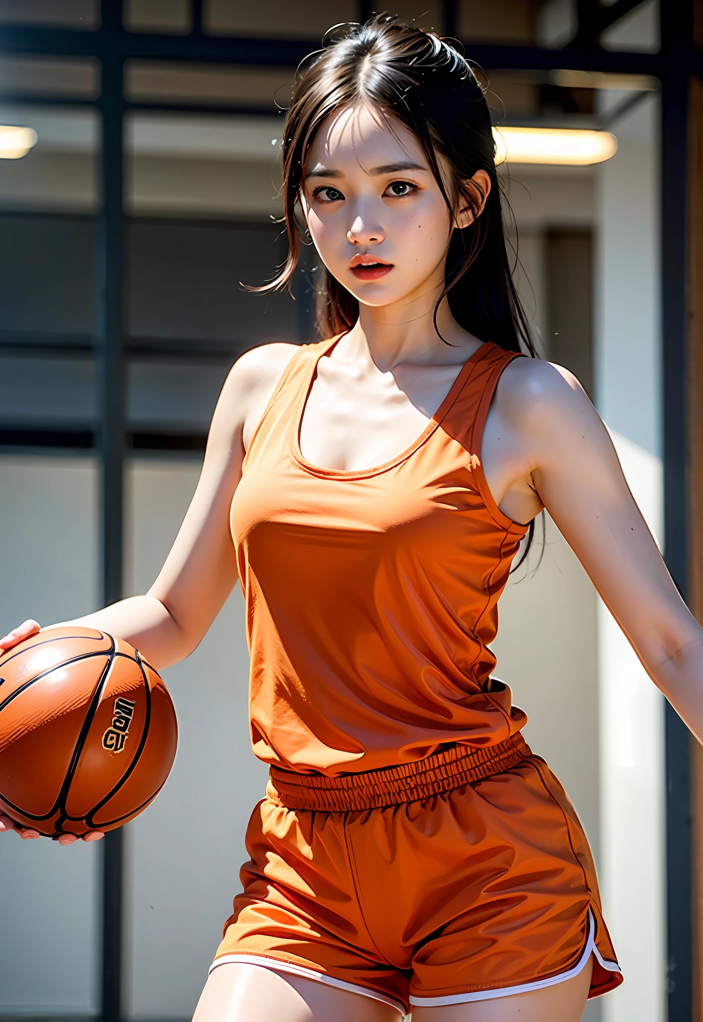 8K、Top image quality、​masterpiece、夏天、basketball、15yo student、(1little girl)、Gymnasium、(Facial expressions that enjoy with all their might)、Cinematic lighting、Expressing the speed and dynamism of basketball、Sweat dripping、Orange tank top、Orange shorts