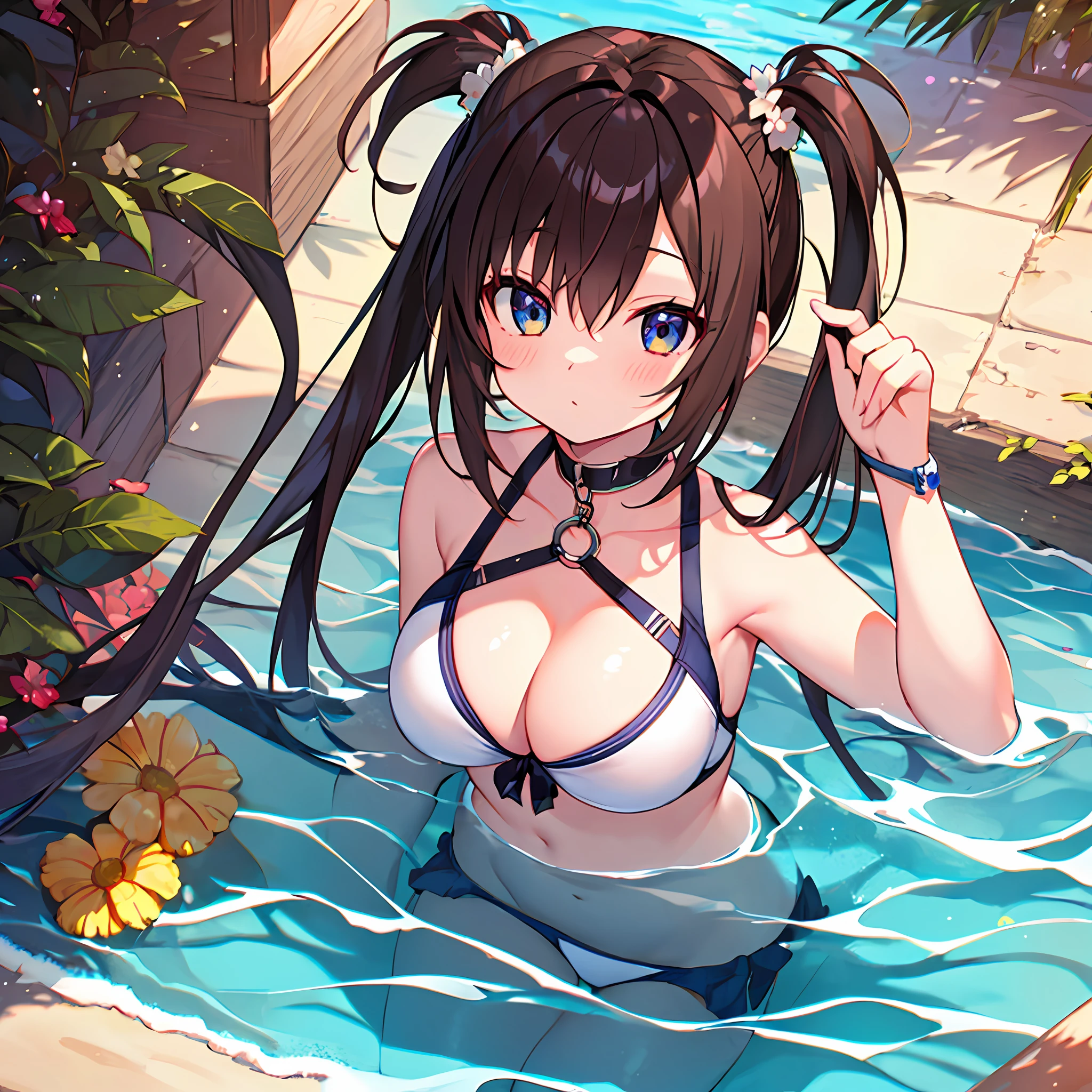 ((hightquality))、((​masterpiece))、8K、1 girl　A highly detailed　a beauty girl　High Quality School Swimwear　ars　brown haired　Twin-tailed　Best Quality,masutepiece,Detailed face,1 girl,Solo、Enchanted Valley　huge tit