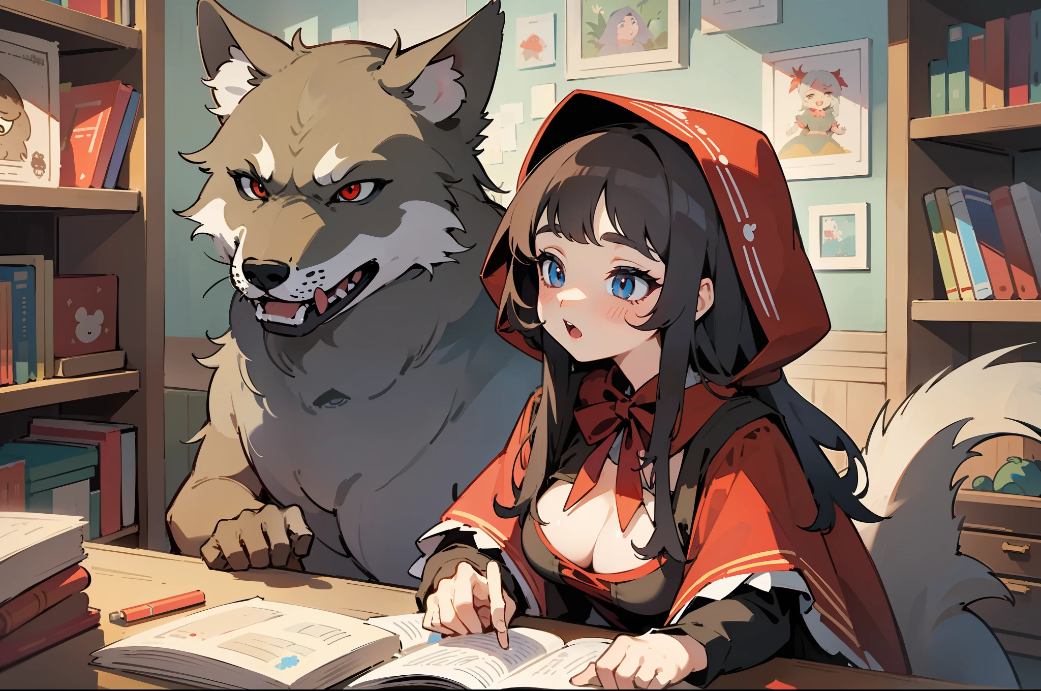 KIDS ILLUSTRATION，Children's picture books，cartoony，The story of Big Bad Wolf and Little Red Riding Hood，cute big breasts