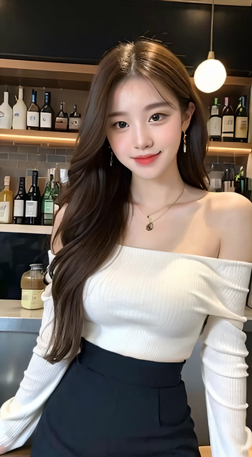 A superb exquisite real beautiful girl, golden long curly hair, extremely exquisite facial features, peerless beautiful girl, collarbone off-the-shoulder, white crop top shirt, black JK skirt, exposed legs, sweet smile, soft, dreamy quality, light white and dark brown, exaggerated facial features, solid color, frank off-white, surreal, blue gemstone necklace, ultra-clear, beautiful young girl, cute and lively, super short leggings, background at the bar counter