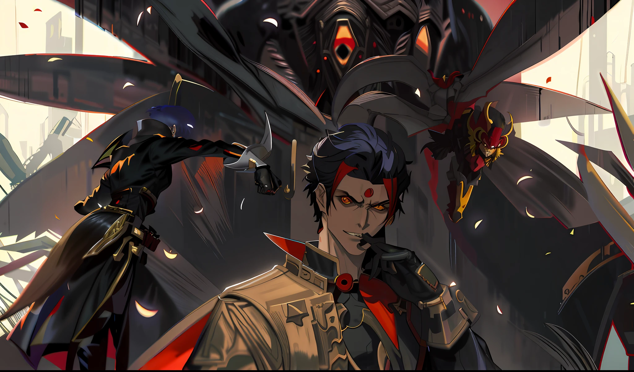 Anime characters with demonic faces and red capes, handsome guy in demon killer art, shigenori soejima illustration, Badass anime 8 K, Guilty Gear strives to splash art, jc leyendecker and sachin teng, offcial art, Genshin impact's character, Detailed digital anime art, demon slayer artstyle, Anime epic artwork, Epic anime style