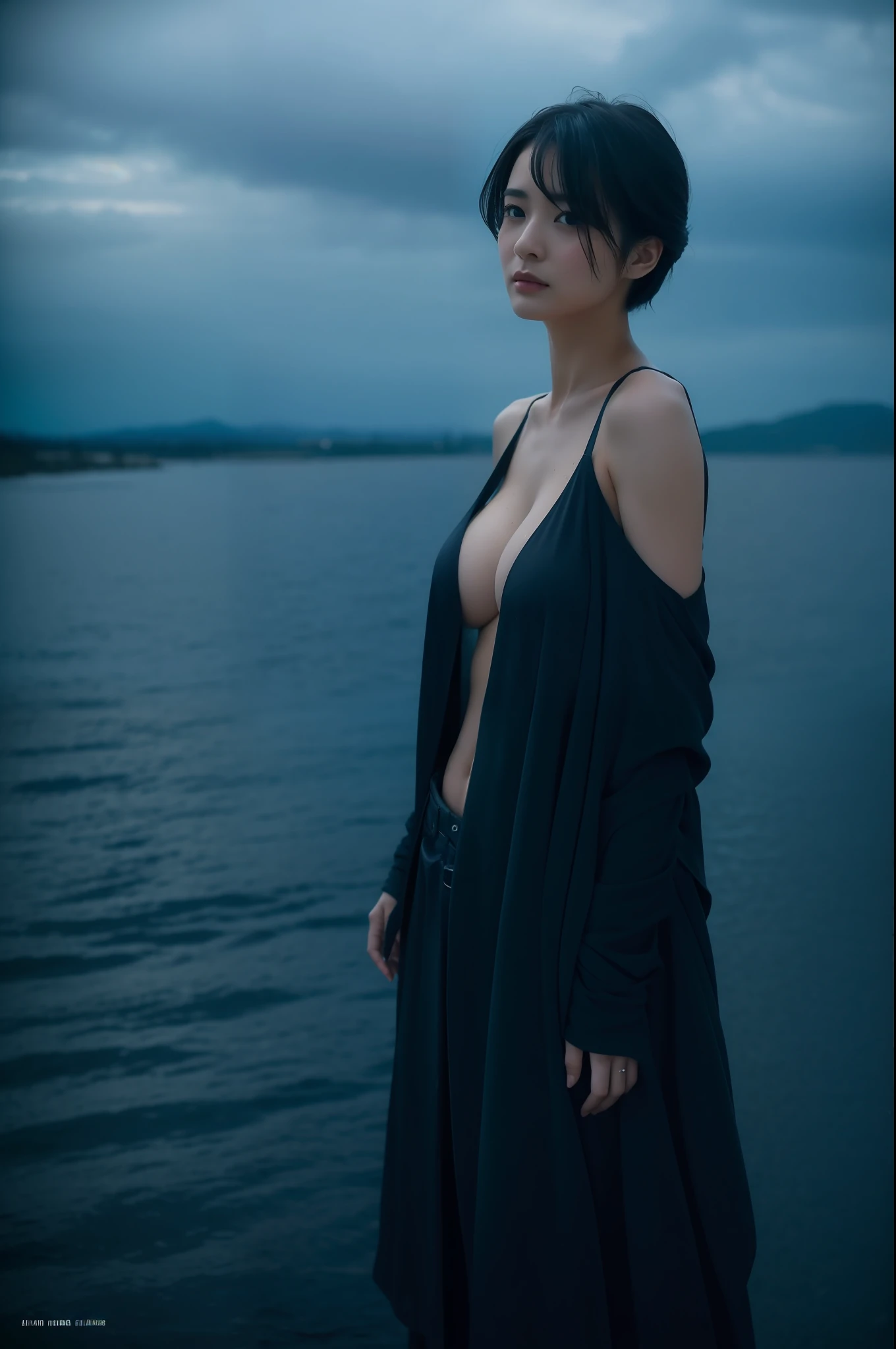 1girl in,Very beautiful 30 year old Japan woman、so short hair、eyesight、cleavage of the breast、the wind、Dark cloudy sky、Body like a model、Colossal tits、The shirt、open one's legs、high-level image quality、Top image quality、Looking at the camera、Focus on the eyes、Against the backdrop of the Japan sea in winter、bladerunner