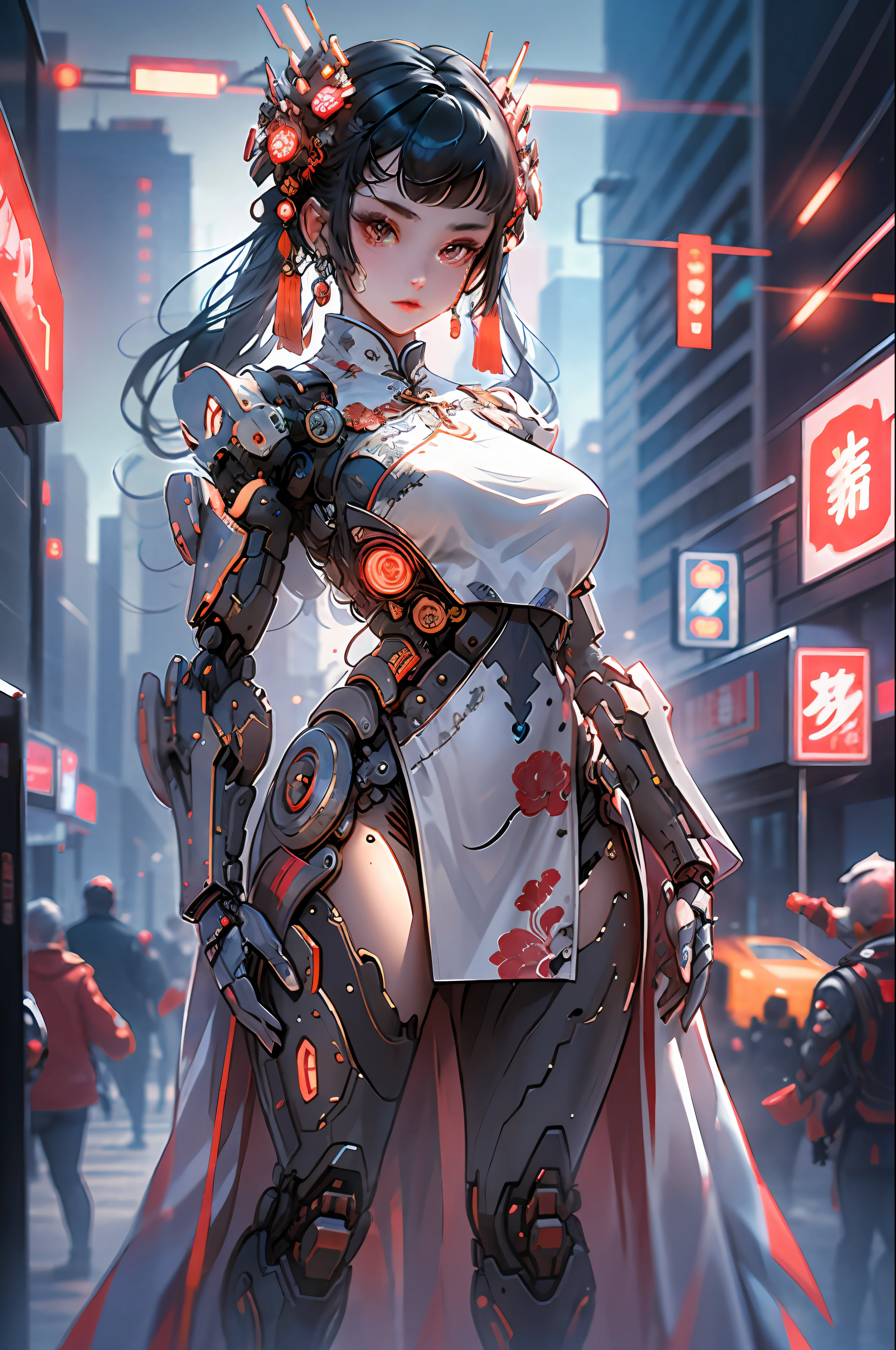 A beautiful girl, full body, clear facial features, amazing facial features, ancient Chinese costumes, Chinese cyberpunk, cyberpunk city headwear, hair accessories, super complex design, mechanical mecha, technology, stunning lighting, C4D, OC rendering, cinematic edge light, fine light, masterpiece, super detail, epic composition, ultra HD, high quality, 32k