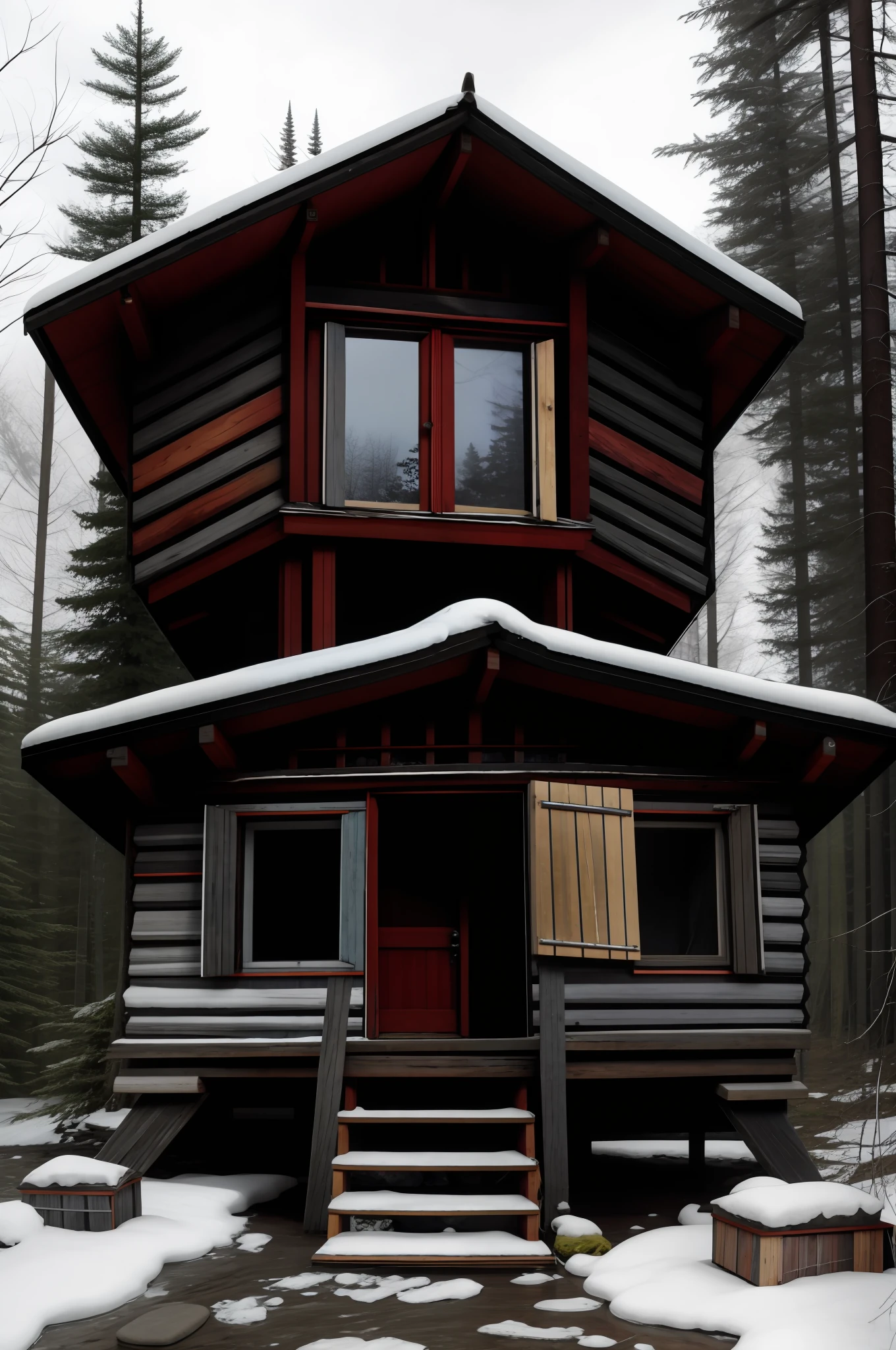 Who will try it :
A low tower made of stones with a dark wooden door made of old boards,surrounded by a frozen taiga forest, an oval window above the door, old boards on the roof. Dilapidated wooden windows made of old boards. Stone steps.