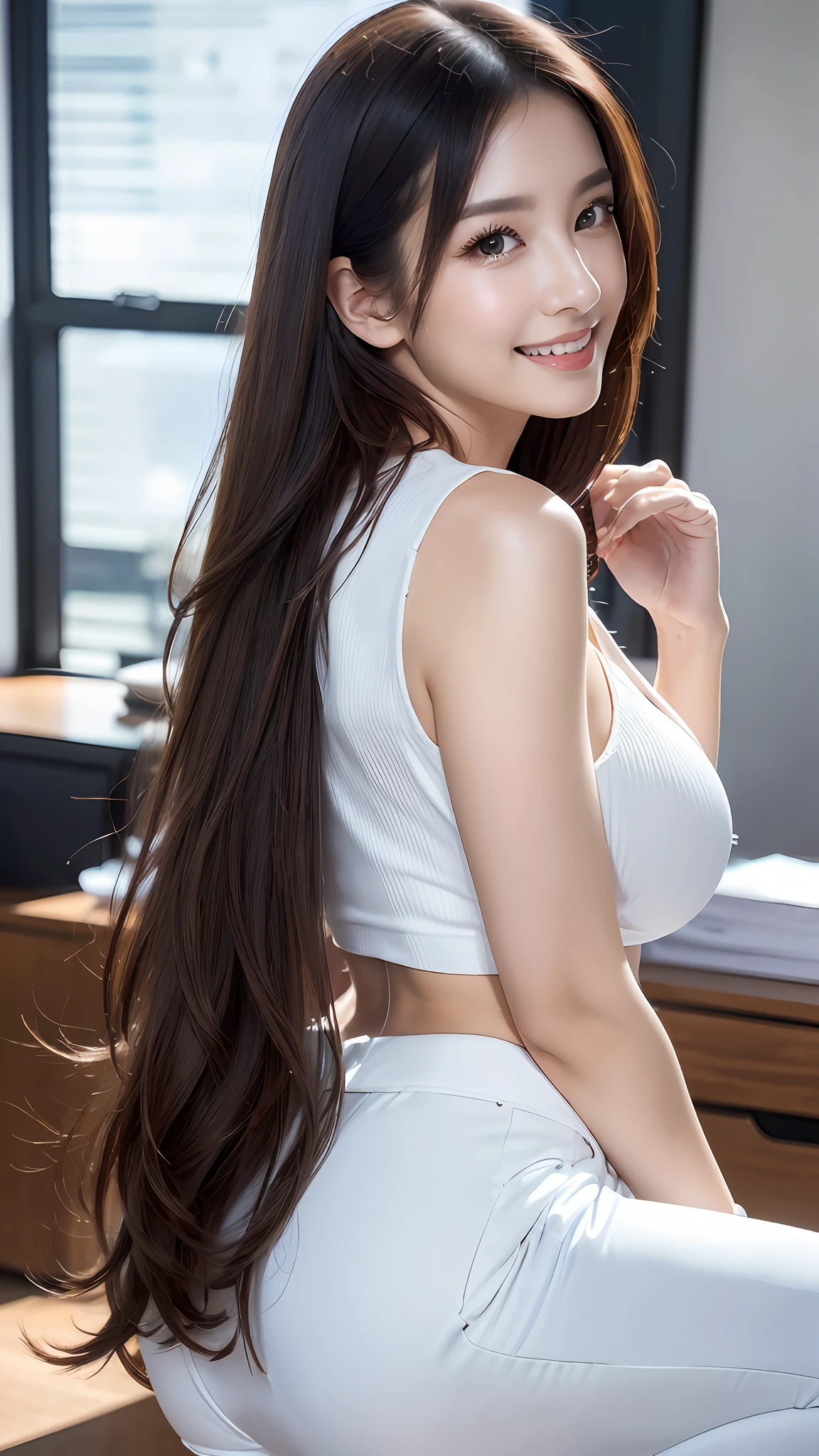 (8K, 超A high resolution, Best Quality, masutepiece:1.2)、8K、RAW portrait of japanese girl、超A high resolution、top-quality、 (huge-breasted, cleavage:1.3),(The shirt、White blouses、Put it in your pants: 1.7)(White trousers:1.5)、(Beautiful butt、Beautiful toned buttocks、panty lines:1.3)、(s Office、Get to your desk:1.2) BREAK (Natural Skin Texture、Detailed skin、Hyper-Realism、ultra sharpness)、intricate detailes、depth of fields、Fashion Model Pose、adult lady、爆乳、Long Black Hair、((masterpiece、top-quality、high-detail))、(1 female、独奏:1.1)、(Photorealsitic:1.5)、closes mouth、Happy smile、Smile happily、big eye、Distinct double eyelids、Lashes、long neck、Absolute area、Clean collarbone、face perfect、thin lips、large full breasts、a small face、(gazing at viewer、Highlights in the eyes、Light brown eyes、lipgloss)、(high-heels:1.2)、(Office Lady、Backshots:1.3)、Black camisole