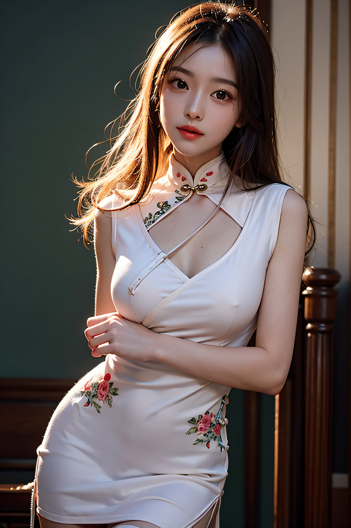 (Hyperrealistic,)4K,35mm,hyper-high detail, Professional lighting, Best quality, Ultra-high resolution, Visually stunning, (1girll:1.3), National style (on cheongsam),realskin,(Perfect body 1.3)Ultra-delicate face。