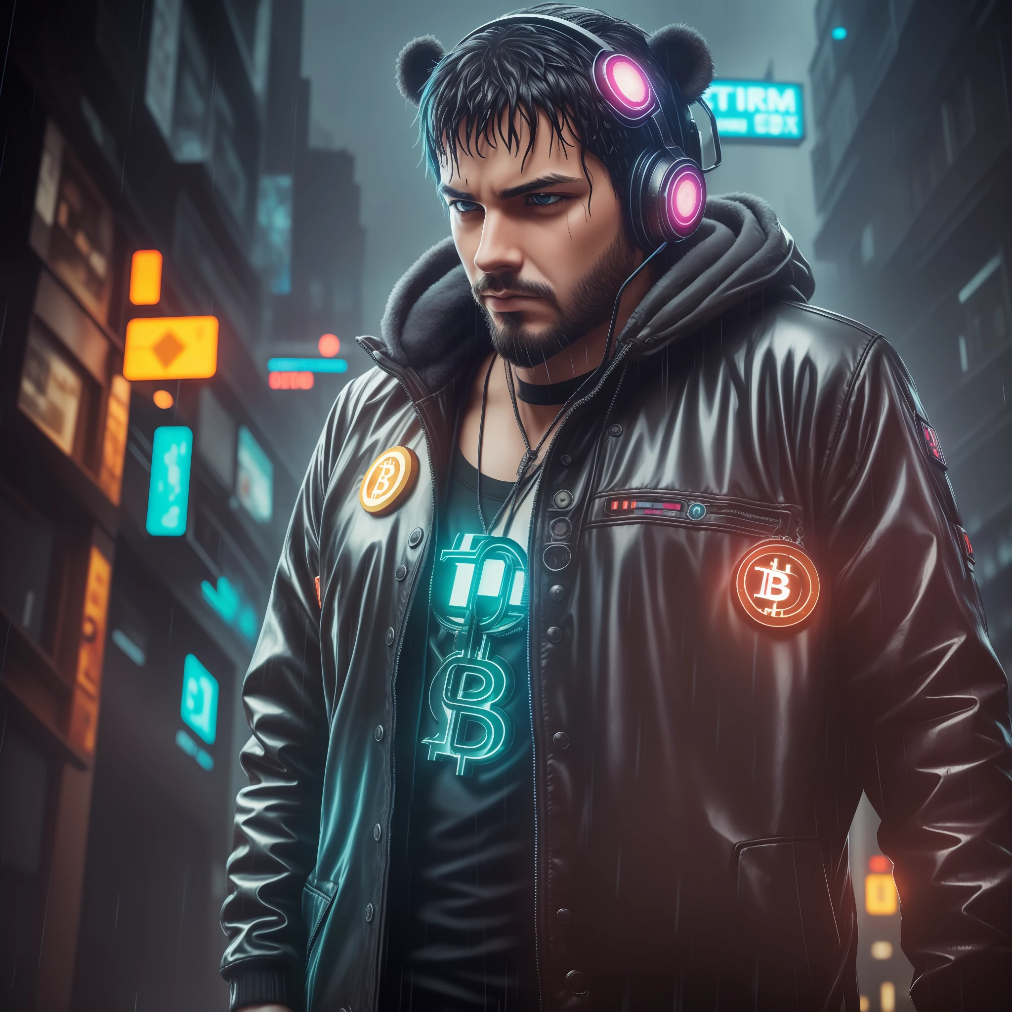 Create a breathtaking masterpiece with stunning effects, plush teddy, usando colar de bitcoin, wet, (cyberpunk:1.1), rain, epic realistic, rutkowski, hdr, intricate details, hyperdetailed, cinematic, rim light, muted colorsde