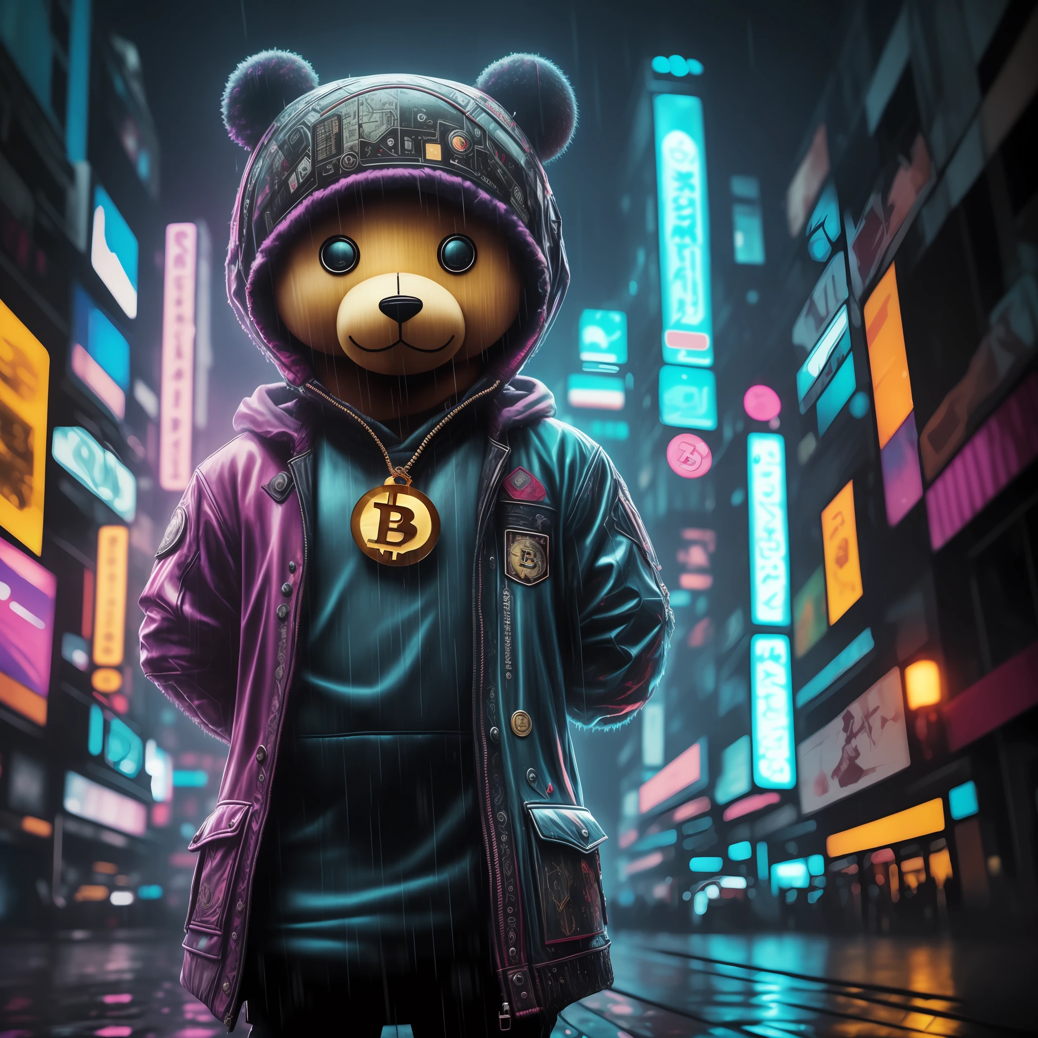 Create a breathtaking masterpiece with stunning effects, plush teddy, usando colar de bitcoin, wet, (cyberpunk:1.1), rain, epic realistic, rutkowski, hdr, intricate details, hyperdetailed, cinematic, rim light, muted colorsde