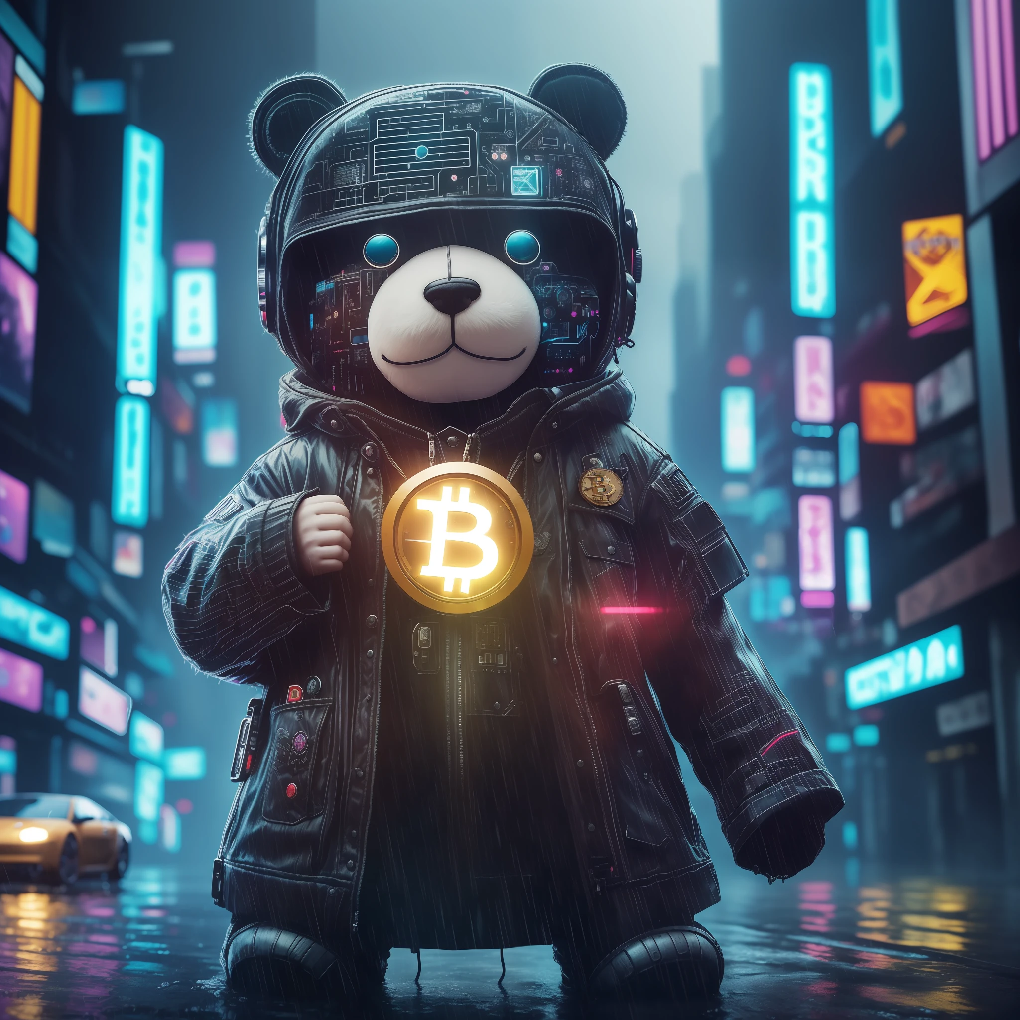 Create a breathtaking masterpiece with stunning effects, plush teddy, usando colar de bitcoin, wet, (cyberpunk:1.1), rain, epic realistic, rutkowski, hdr, intricate details, hyperdetailed, cinematic, rim light, muted colorsde