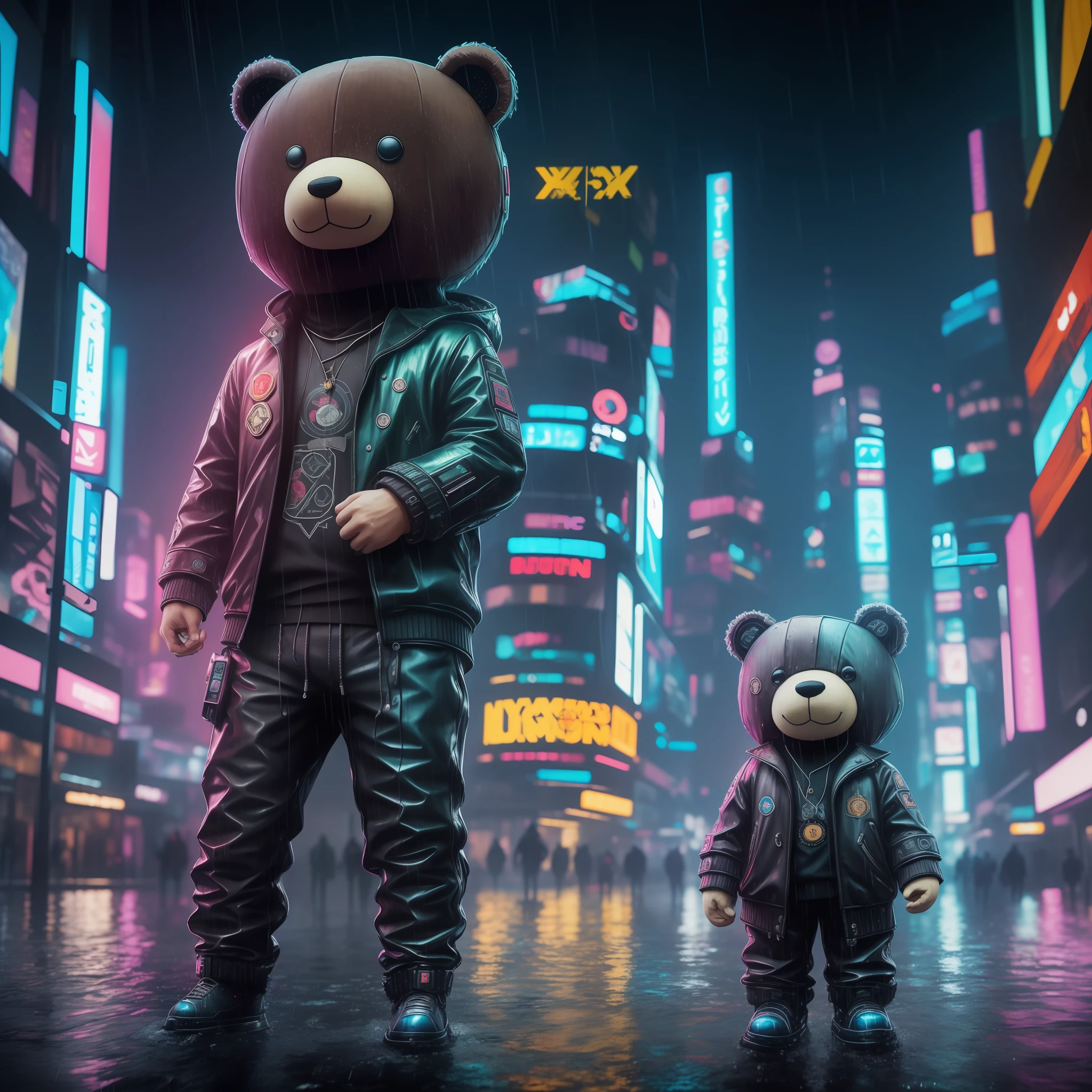 Create a breathtaking masterpiece with stunning effects, plush teddy, usando colar de bitcoin, wet, (cyberpunk:1.1), rain, epic realistic, rutkowski, hdr, intricate details, hyperdetailed, cinematic, rim light, muted colorsde