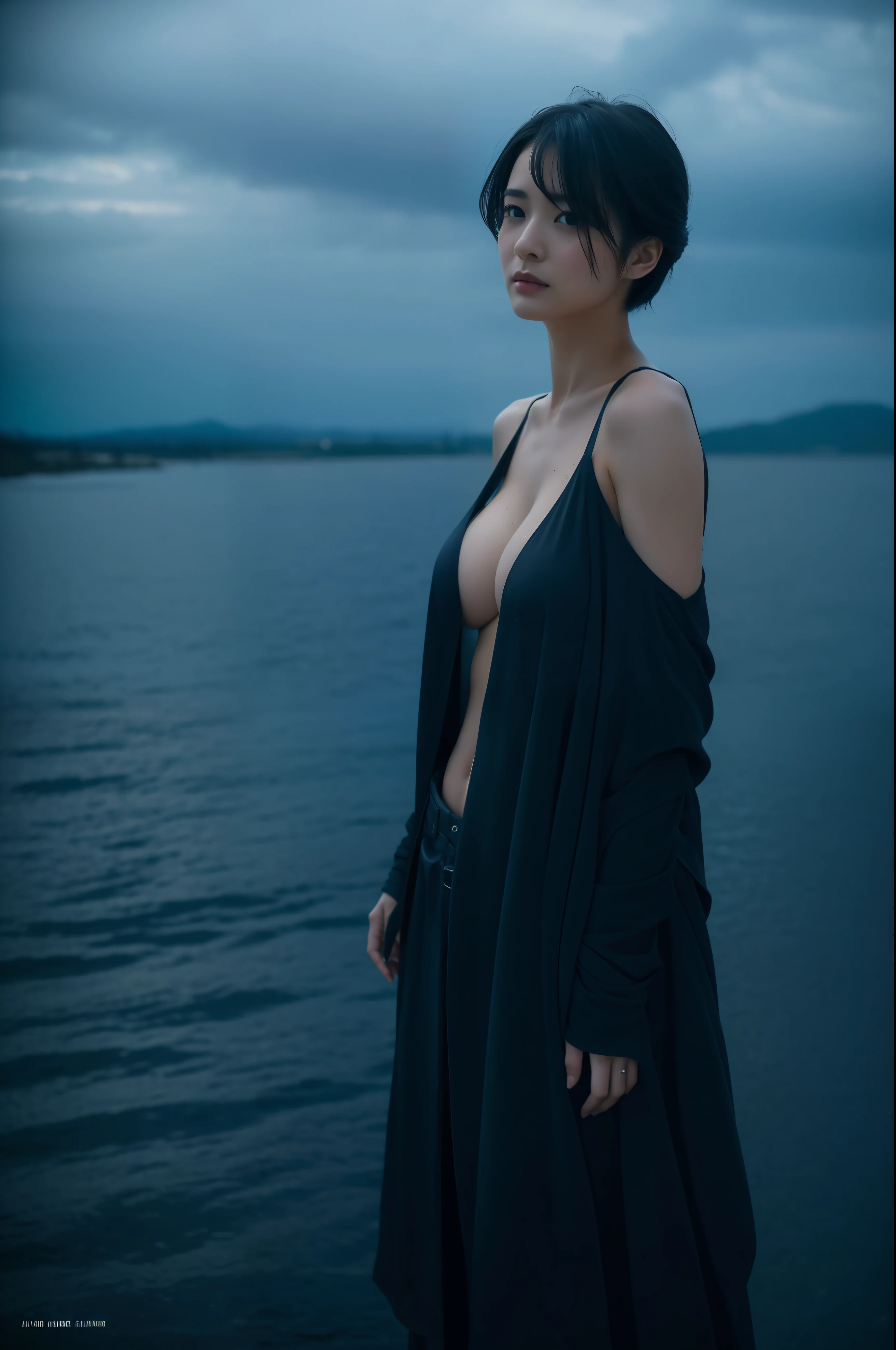 1girl in,Very beautiful 30 year old Japan woman、so short hair、eyesight、cleavage of the breast、the wind、Dark cloudy sky、Body like a model、Colossal tits、The shirt、open one's legs、high-level image quality、Top image quality、Looking at the camera、Focus on the eyes、Against the backdrop of the Japan sea in winter、bladerunner