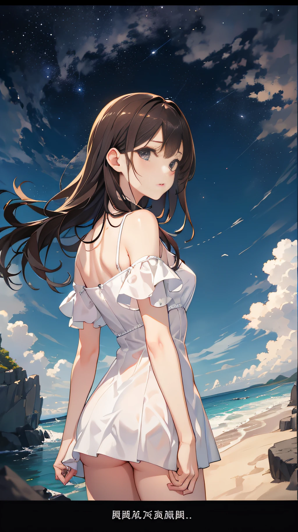 8K、Raw photography、top-quality、masterpiece:1.2)、Illustration Touch、ultra-detailliert、超A high resolution、(wide-angle lens)、1人、posterior view、silhuette、dark brown hair、White sandy beach、nigh sky、milkyway、dress simple、a straw fedora hat