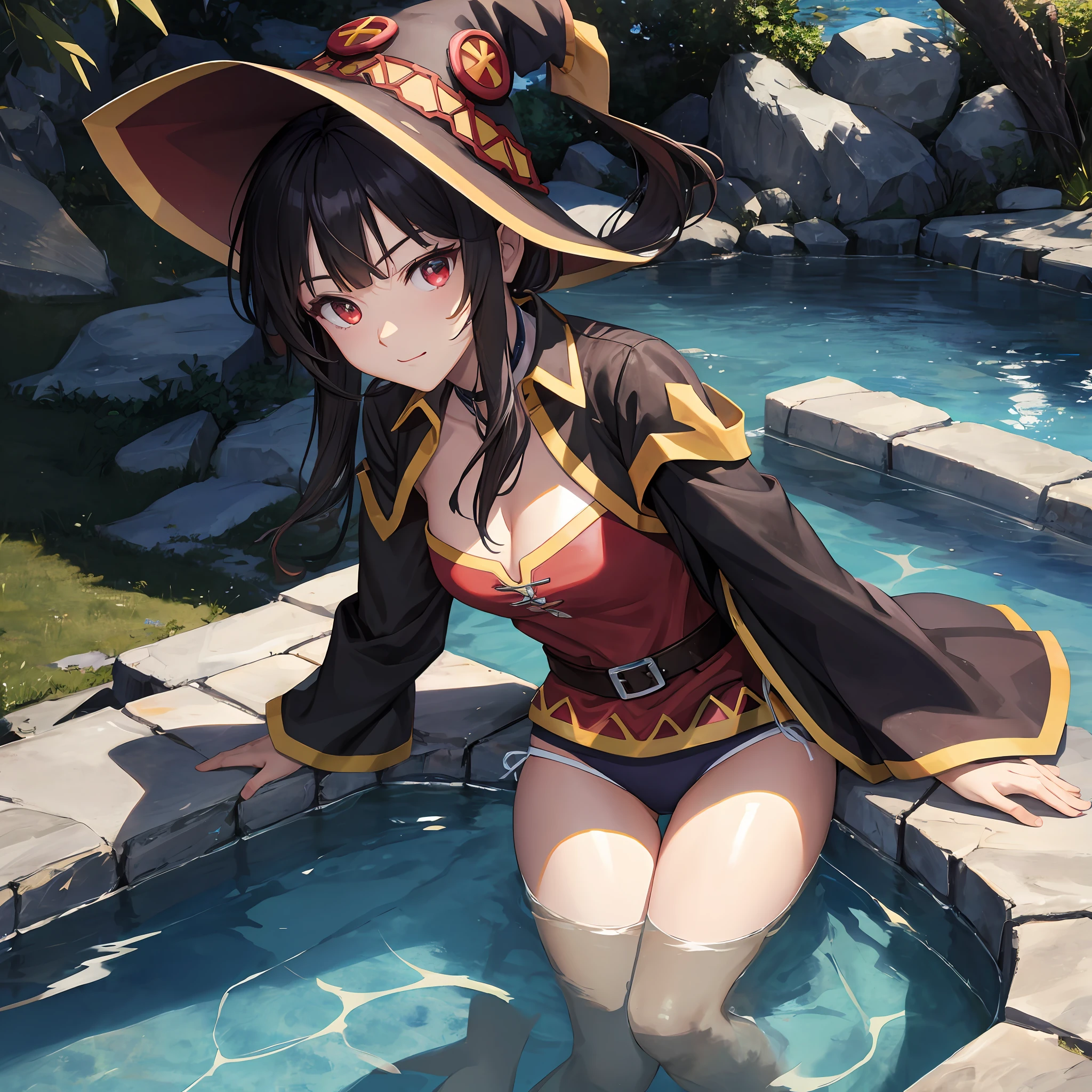realista, foto, bonita, obra-prima, melhor qualidade, 1girl (Megumin do anime konosuba), solo, sam yang, nadador, sbikini, elegant bikini, peito pequeno, decote, linha bronzeada, foto retrato, olhando para o espectador, rosto detalhado, olhos longos detalhados (red eyes), cabelo detalhado(cabelos castanhos), parcialmente submerso, piscina ao ar livre, pele molhada, cabelo curto molhado, detalhes intrincados, sombra, Uplighting, ray tracing, High quality water, realistic water, HD, 4k