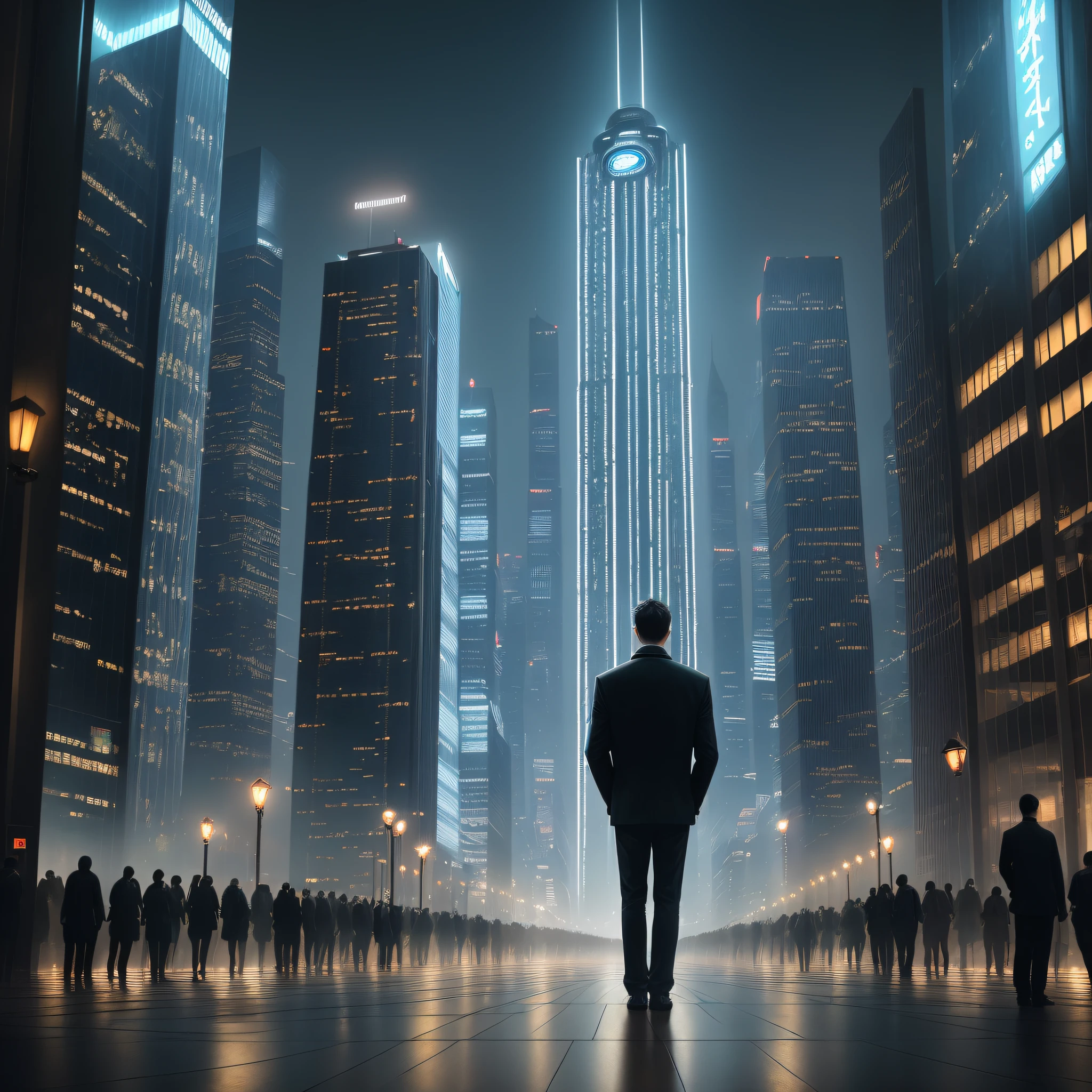 lonely young man with piece of paper with text, surreal metropolis, night lights, city square, skyscrapers , Chinese lamps, crowd of people, hyperrealism, holding a kettlebell, full body