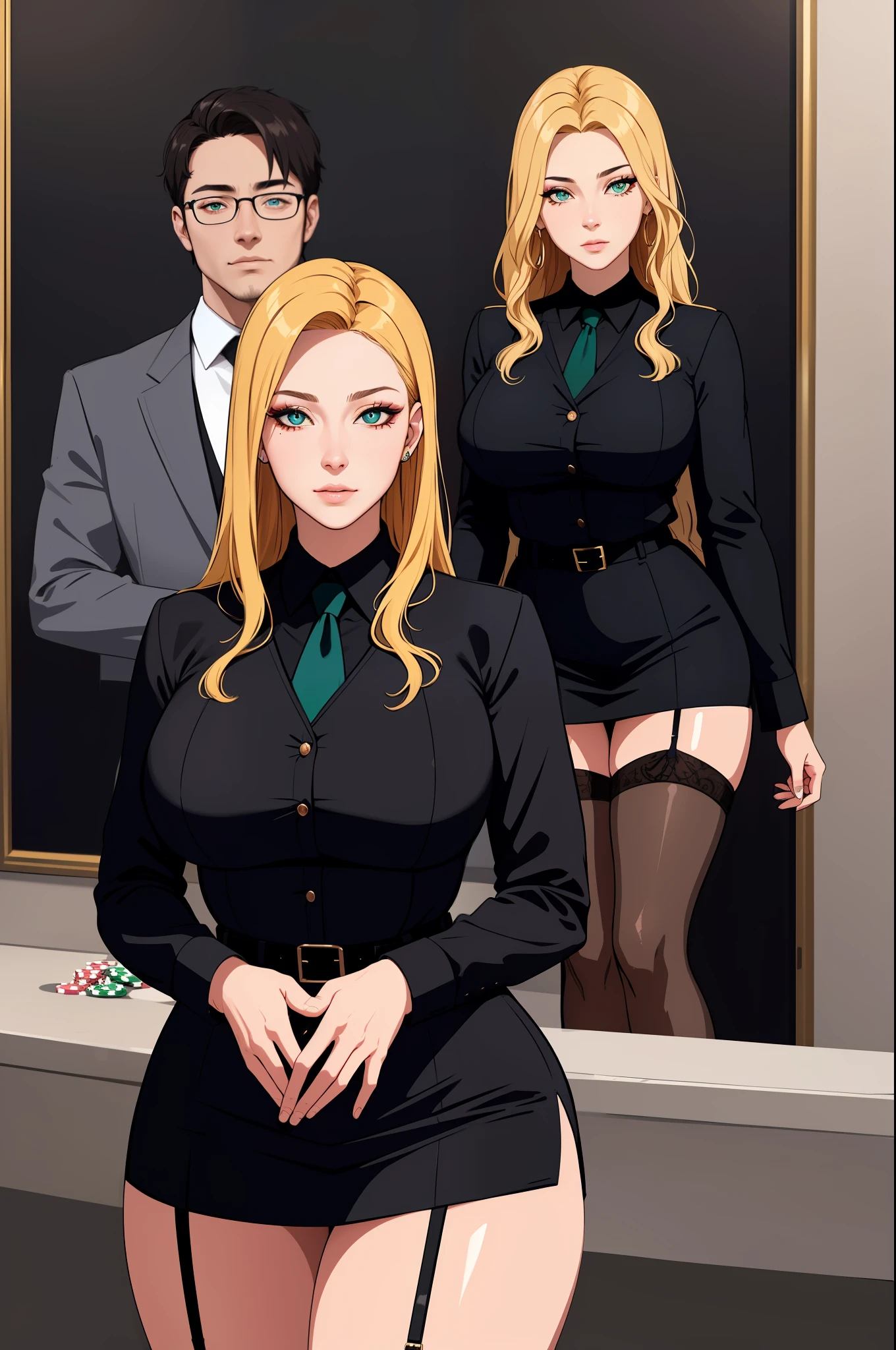 (masterpiece, highres, best quality:1.2), 8K, highly detailed, intricate, colorful, vibrant image, sharp focus, cinematic)  blonde hair, long hair, green eyes, body builder (Wearing black business outfit, black_collared shirt cropped jacket ,tie,necktie,black frilled skirt, garter straps, leather waist belt) (big perfect round breasts,hourglass body, thin waist,very thin waist, Photo realistic,(hyperrealistic:1)beautiful, masterpiece, best quality, extremely detailed face,perfect face,beautiful face, perfect lighting,detailed eye makeup, detail face, nice detailed eyes,nice hands, perfect hands,glowing eyes (realistic pupils,realistic iris:1) heavy eye makeup,(empty Casino)(Posing dynamically)