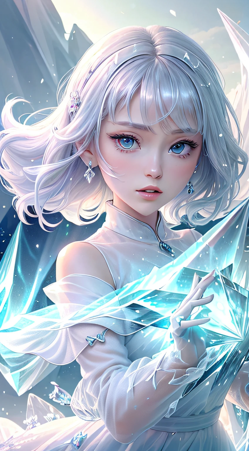 (Masterpiece, Top Quality, Best, Official Art, Beautiful and Aesthetic, Long Exposure: 1.2), Smooth Movement, Charming Patterns, 1 Girl, (Long Dress with Sleeves: 1.3), (((White Clothes) )), upper body close-up, bare shoulders, Chinese girl, blush, black lob hair, portrait, solo, upper body, looking at the observer, detailed background, detailed face, (crystallineAI, crystalline theme:1.1), elemental wind elves, rotation Wind, control the wind, white crystal clothing, dynamic pose, floating particles, ethereal dynamics, whirlwind, vapor, whirlwind in the background, white tone, whirlwind, ethereal atmosphere,