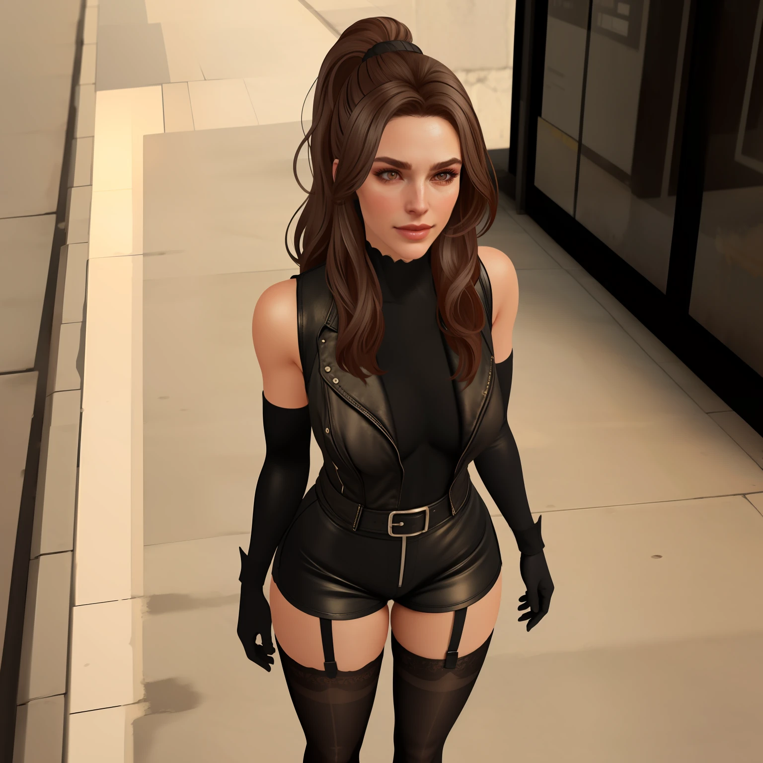 Street, single ponytail, side ponytail, high ponytail, tall figure, long legs, (sleeveless lace shirt), (shorts), (striped stockings)), ((striped stockings)), walking, elegant, dignified, feminine, curvaceous, sweet smile, strong sense of detail and layering, rich gorgeous colors, with unique texture, rich colors, color harmony, vivid painting, design art, 16k, super detailed, {{illustration}}, {extremely refined and beautiful}, {exquisite finish}, Ultra-detailed, delicate glowing eyes, {{cinematic light}}, extreme light effects, Model: cinematic realism, CFG scale: 12, LoRA: Bright texture (1.35), high quality, masterpiece, delicate facial features, delicate hair portrayal, delicate eye portrayal, masterpiece, highest quality, ray tracing, extremely detailed CG unity 8k wallpaper, masterpiece, best quality