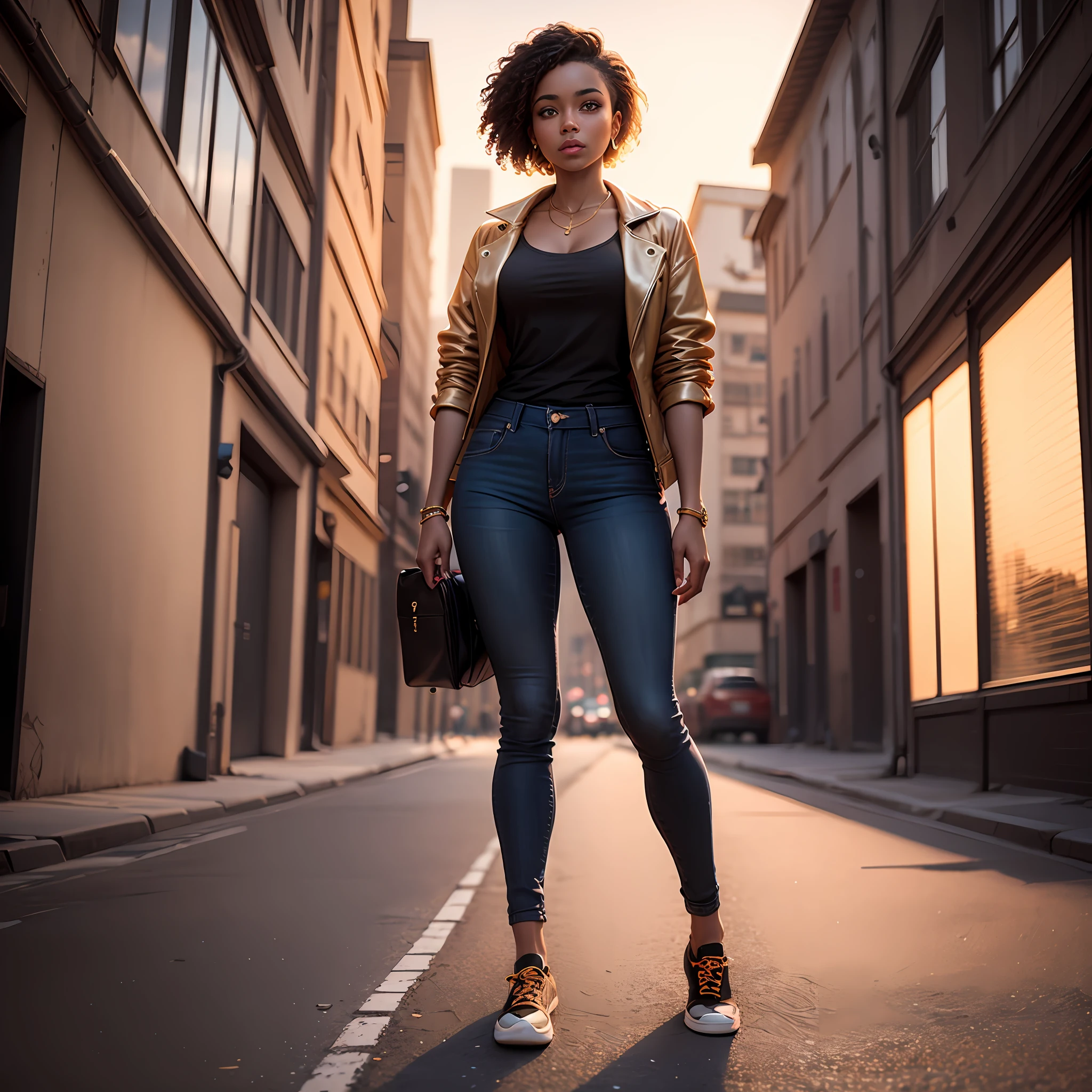 Uma mulher caminhando , full body shot, cgi, dslr, fantastic realism, city background, casual outfit, bronzepunk, black woman, 3d, cinematic, golden hour --auto