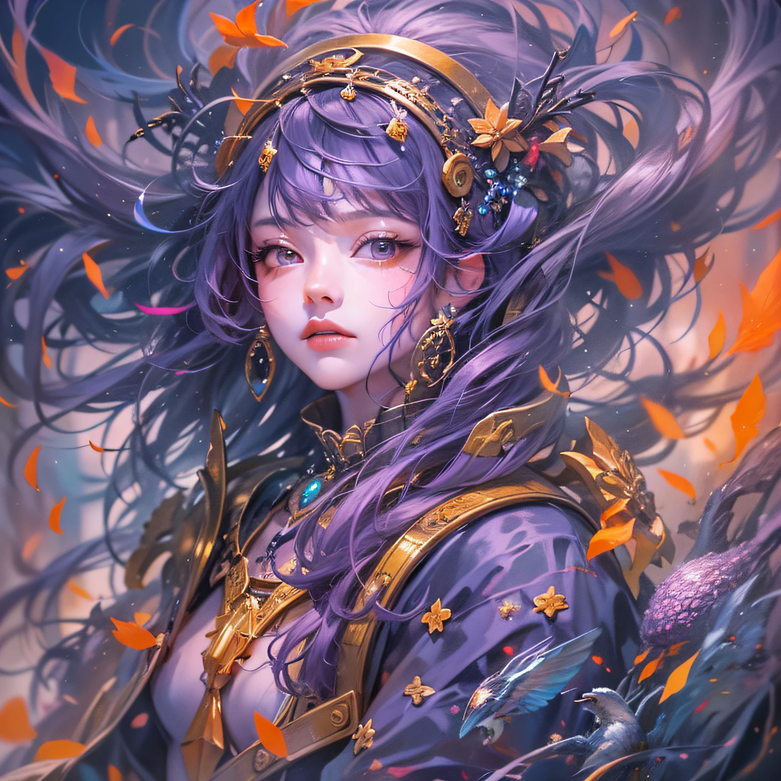 （Purple and orange）、Bundle taro,Lightning speed、Neon Art、Cyber Girl,birdie、Elaborate metallic bones、Ayako Rokkaku、Painting, watercolor paiting、Double helix,foam, Best Quality, masutepiece, 超A high resolution, Intricate details, Mystical