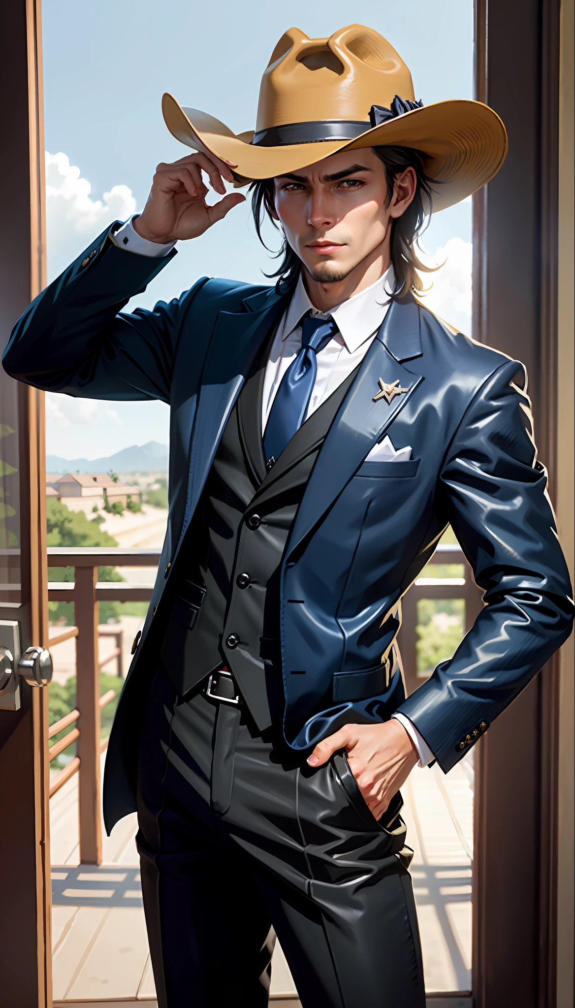 (Cowboy Shot),  SFW, (masutepiece), (Best Quality:1.0), (超A high resolution:1.0), Detailed eyes
break
Tonrak Lock , Suit, Formal, tailcoat, neck tie, Adjusting tie
break
party, Gorgeous View