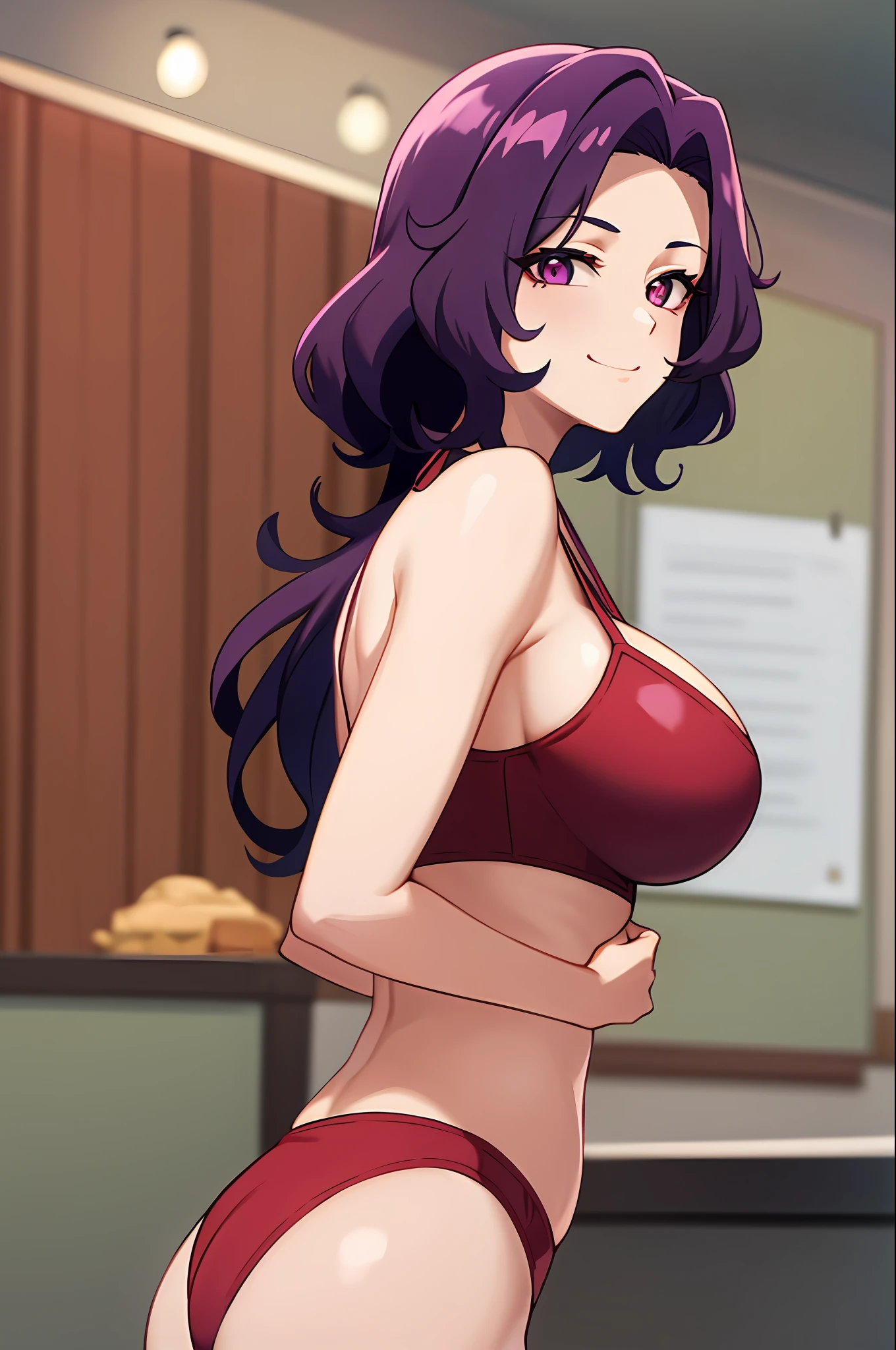 best qualityer，（tmasterpiece：1.2），highly  detailed，sitted，Mature woman，
1girll， 独奏， hamaoka azusa，
looking at viewert，ssmile，，
Purple eye，Purple colored hair，short detailed hair，green-shirt，Red bra strap，Full buttocks，plumw，big breasts body