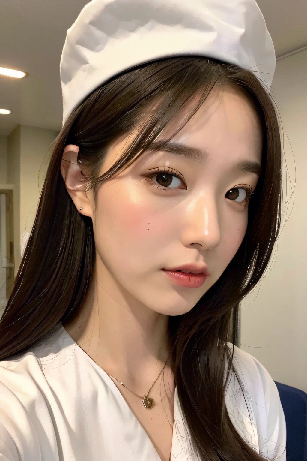 (top-quality、8k、32k、​masterpiece、UHD:1.2)、Photo of a cute Japanese woman、女の子 1 人、(Medium short dark brown hair)、(small tits)、二重まぶた、White nurse uniform、Little White Nurse (caps) 、White shirt、open-shirt、hospitals、Hospital room、The upper part of the body、