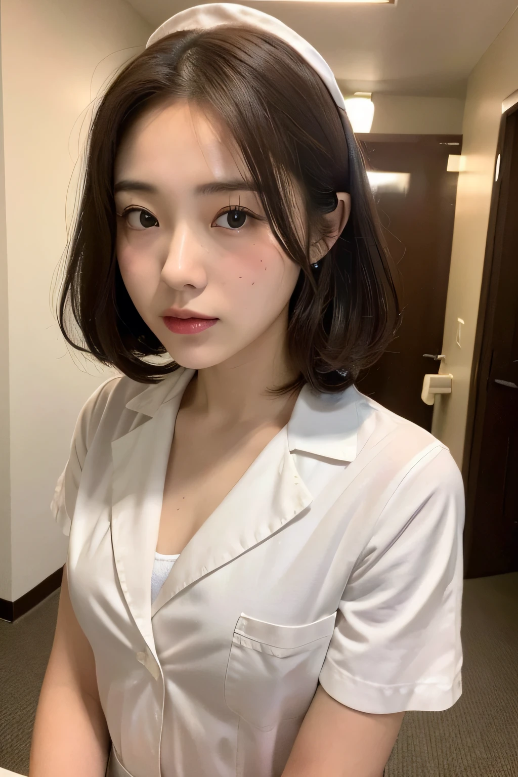 (top-quality、8k、32k、masterpiece、UHD:1.2)、Photo of a cute Japanese woman、女の子 1 人、(Medium short dark brown hair)、(small tits)、二重まぶた、White nurse uniform、Little White Nurse (caps) 、White shirt、open-shirt、hospitals、Hospital room、The upper part of the body、