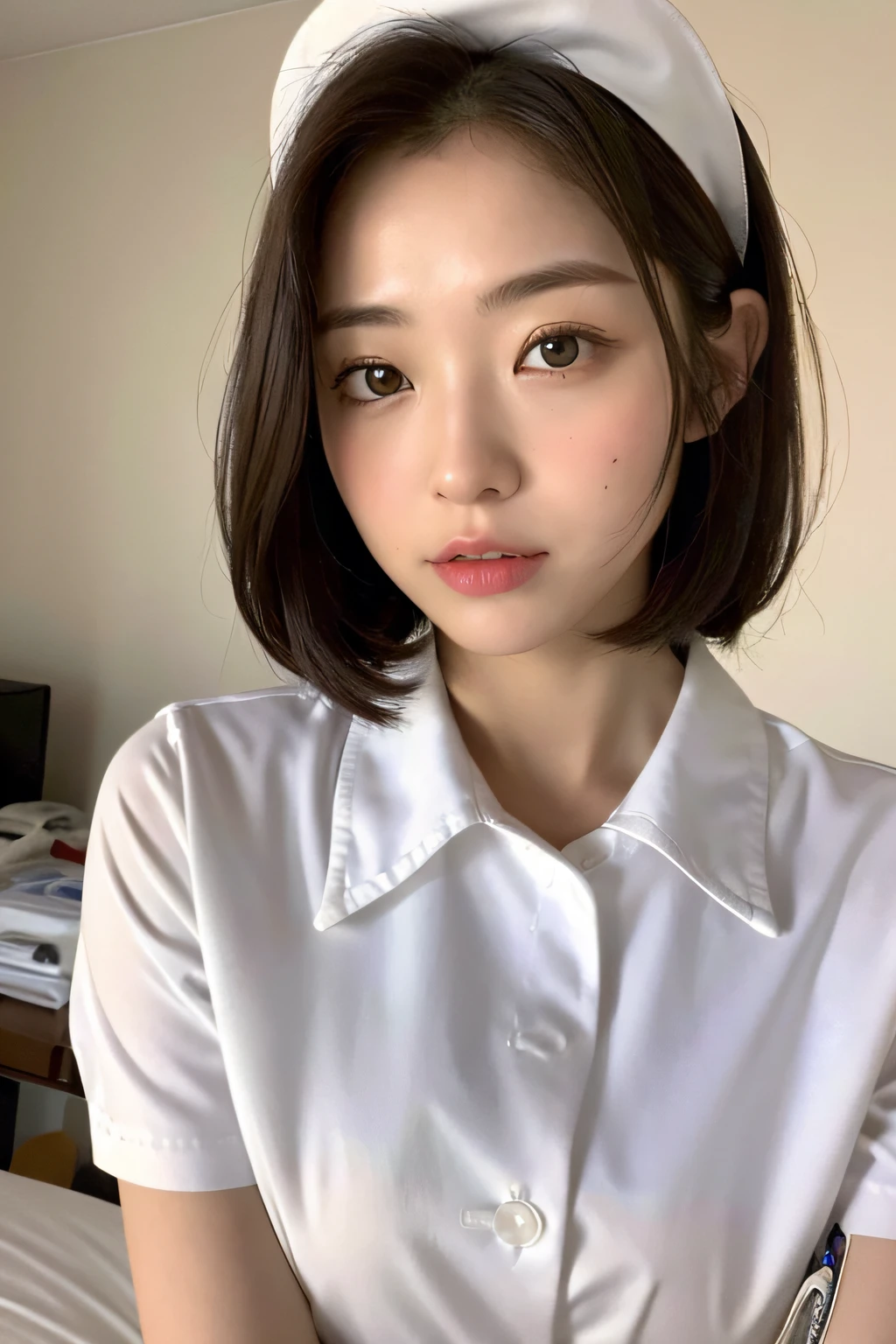 (top-quality、8k、32k、masterpiece、UHD:1.2)、Photo of a cute Japanese woman、女の子 1 人、(Medium short dark brown hair)、(small tits)、二重まぶた、White nurse uniform、Little White Nurse (caps) 、White shirt、open-shirt、hospitals、Hospital room、The upper part of the body、