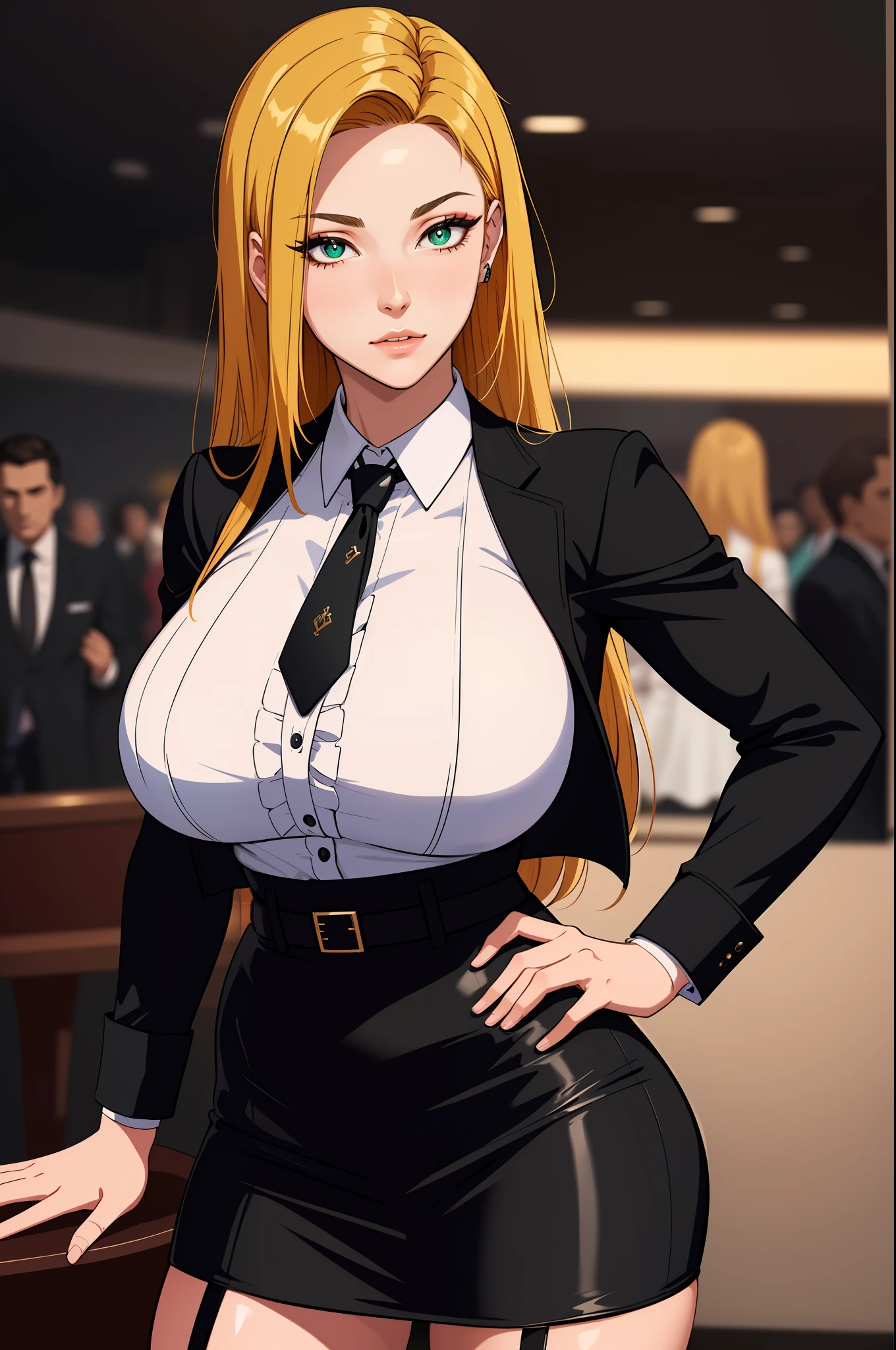 (masterpiece, highres, best quality:1.2), 8K, highly detailed, intricate, colorful, vibrant image, sharp focus, cinematic)  blonde hair, long hair, green eyes, body builder (Wearing black business outfit, black_collared shirt cropped jacket ,tie,necktie,black frilled skirt, garter straps, leather waist belt) (big perfect round breasts,hourglass body, thin waist,very thin waist, Photo realistic,(hyperrealistic:1)beautiful, masterpiece, best quality, extremely detailed face,perfect face,beautiful face, perfect lighting,detailed eye makeup, detail face, nice detailed eyes,nice hands, perfect hands,glowing eyes (realistic pupils,realistic iris:1) heavy eye makeup,(empty Casino)(Posing dynamically)