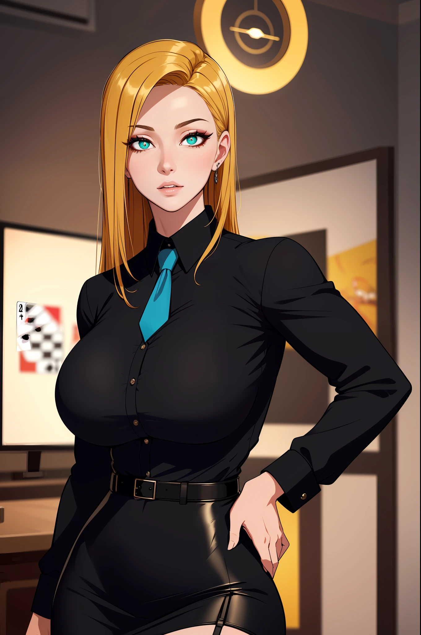 (masterpiece, highres, best quality:1.2), 8K, highly detailed, intricate, colorful, vibrant image, sharp focus, cinematic) blonde hair, long hair, green eyes, body builder (Wearing black business outfit, black_collared shirt cropped jacket ,tie,necktie,black frilled skirt, garter straps, leather waist belt) (big perfect round breasts,hourglass body, thin waist,very thin waist, Photo realistic,(hyperrealistic:1)beautiful, masterpiece, best quality, extremely detailed face,perfect face,beautiful face, perfect lighting,detailed eye makeup, detail face, nice detailed eyes,nice hands, perfect hands,glowing eyes (realistic pupils,realistic iris:1) heavy eye makeup,(empty Casino)(Posing dynamically)