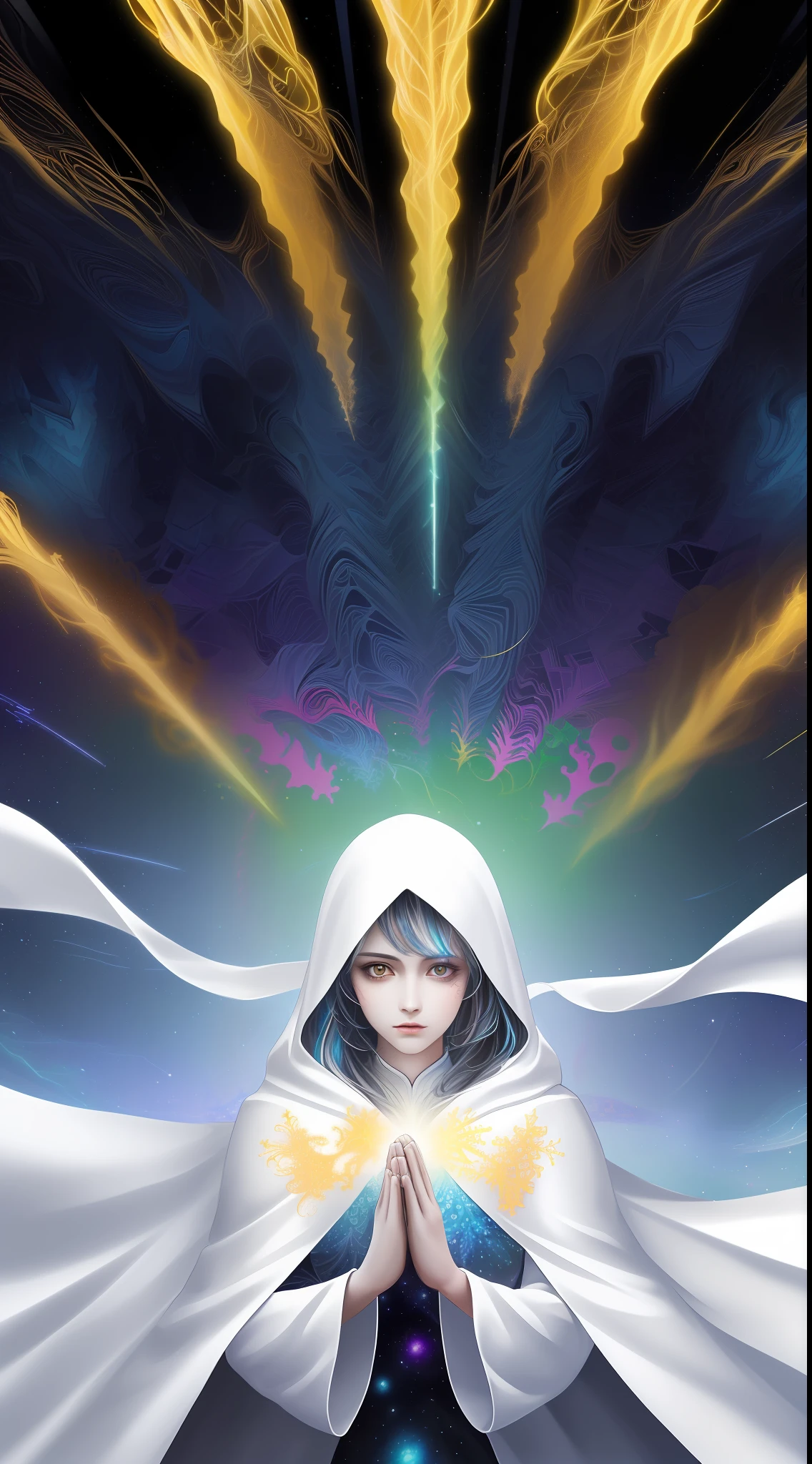 (masterpiece, top quality, best quality, official art, beautiful and aesthetic:1.2), (1girl), extreme detailed, (fractal art:1.3), colorful, highest detailed, perfect face, upper body, HDR, (praying:1.3), (white cloak golden lines:1.2), galaxy, (light streaks), striking visuals, (dynamic streaks, luminous trails:1.2), vibrant colors,