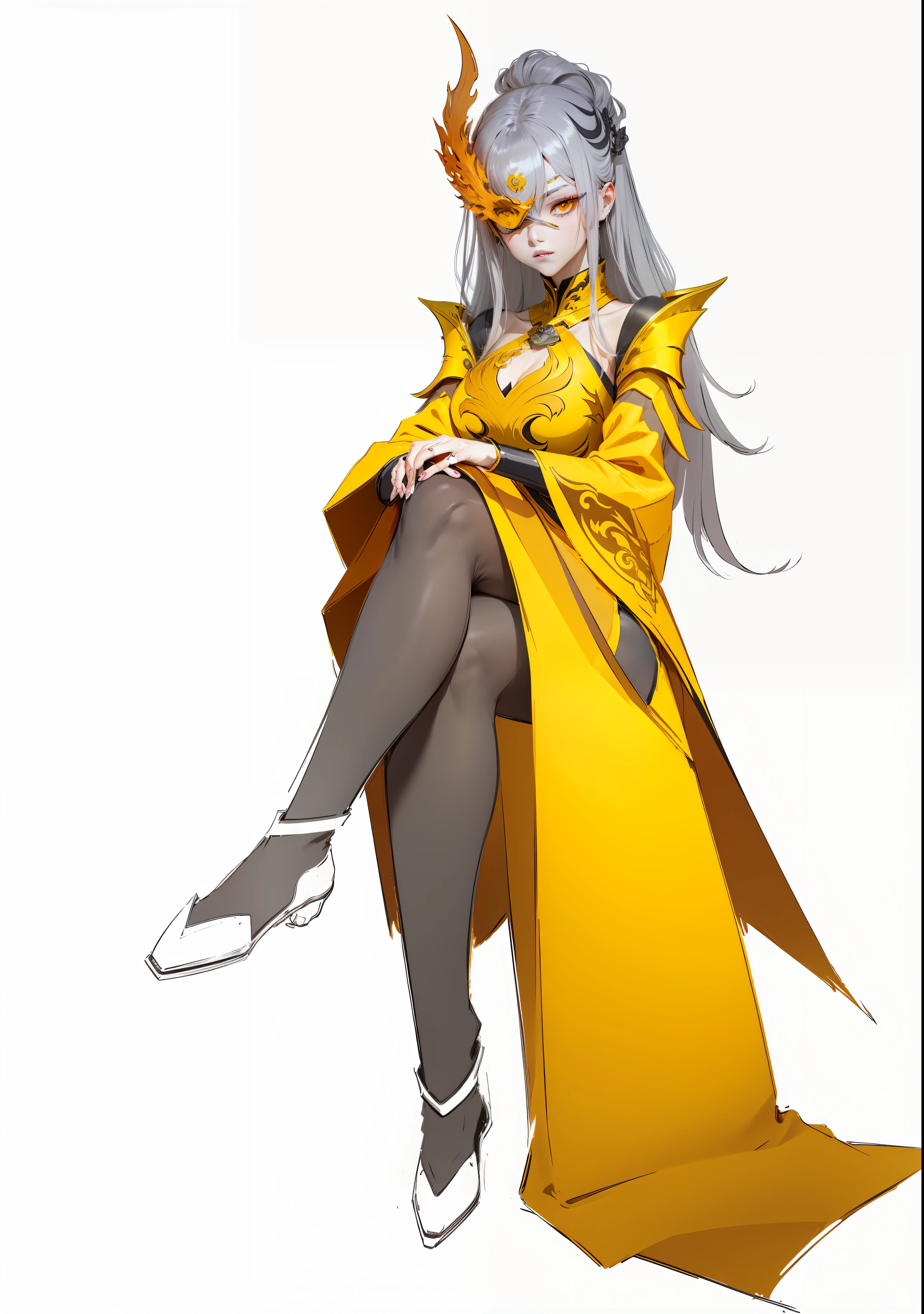 One eye is covered with a metal mask in the shape of a phoenix，Wearing black silk，Long legs，Wear yellow and orange gradient clothing，Orange-yellow gradient，Left and right shoulder armor shoulder armor，Clothes phoenix element，Metal trim on the edges of clothes，Original Drawing，Full body anime characters sitting，Xianxia，ccurate，lightand shade contrast