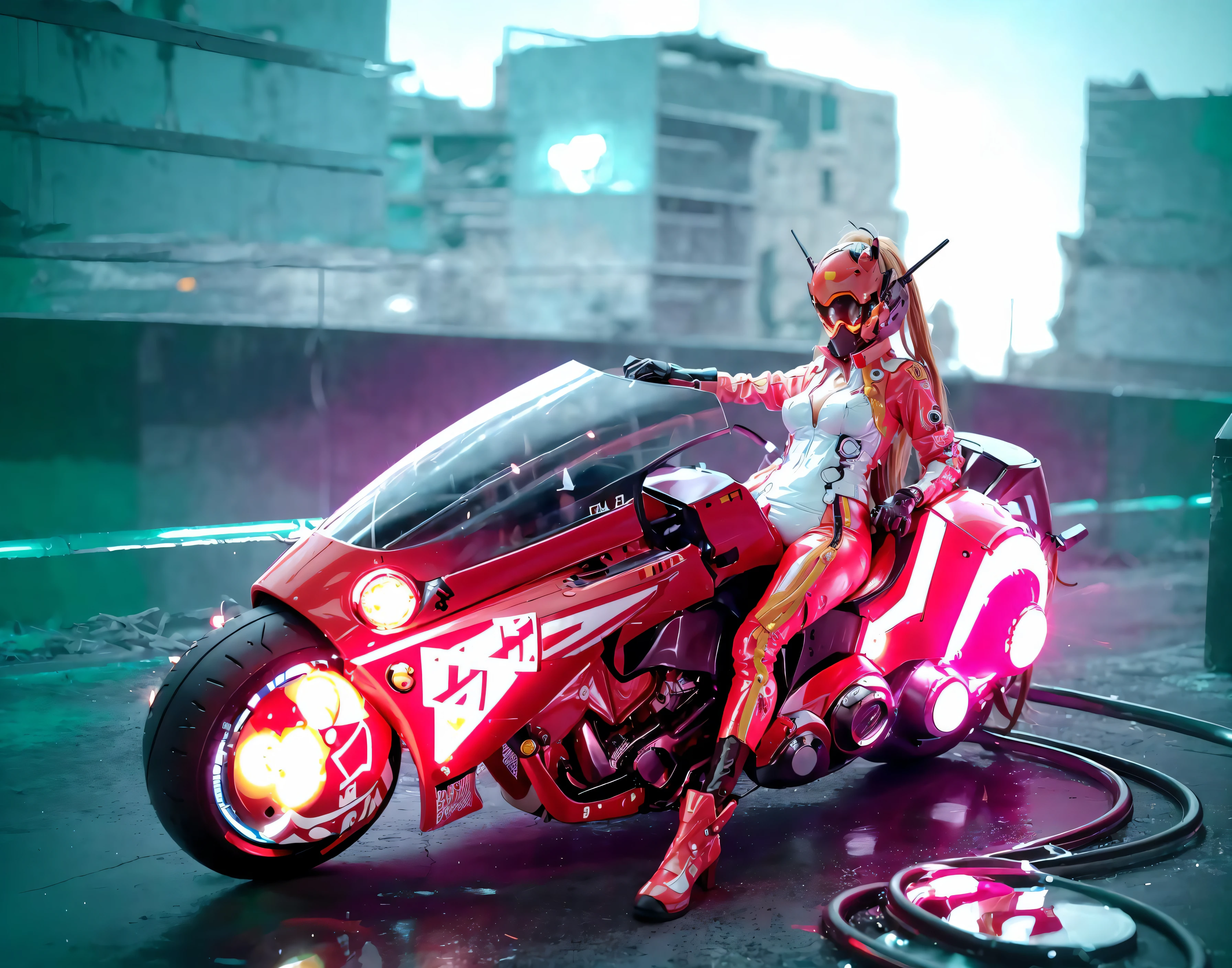 closed - up, masterpiece, best quality, a woman in a cyberhelmet with circular aperture light and a white rope, (slender, thin), wearing white bodysuit and jeans, (riding a red akirabike In the ruins of a cyberpunk city after a thermonuclear war, broken neon signs hanging from buildings, neon signs), (round scifi metal breastplate shining coldly), long legs, (big warm grin), front view, Lots of exposed broken cables, 1.5mm