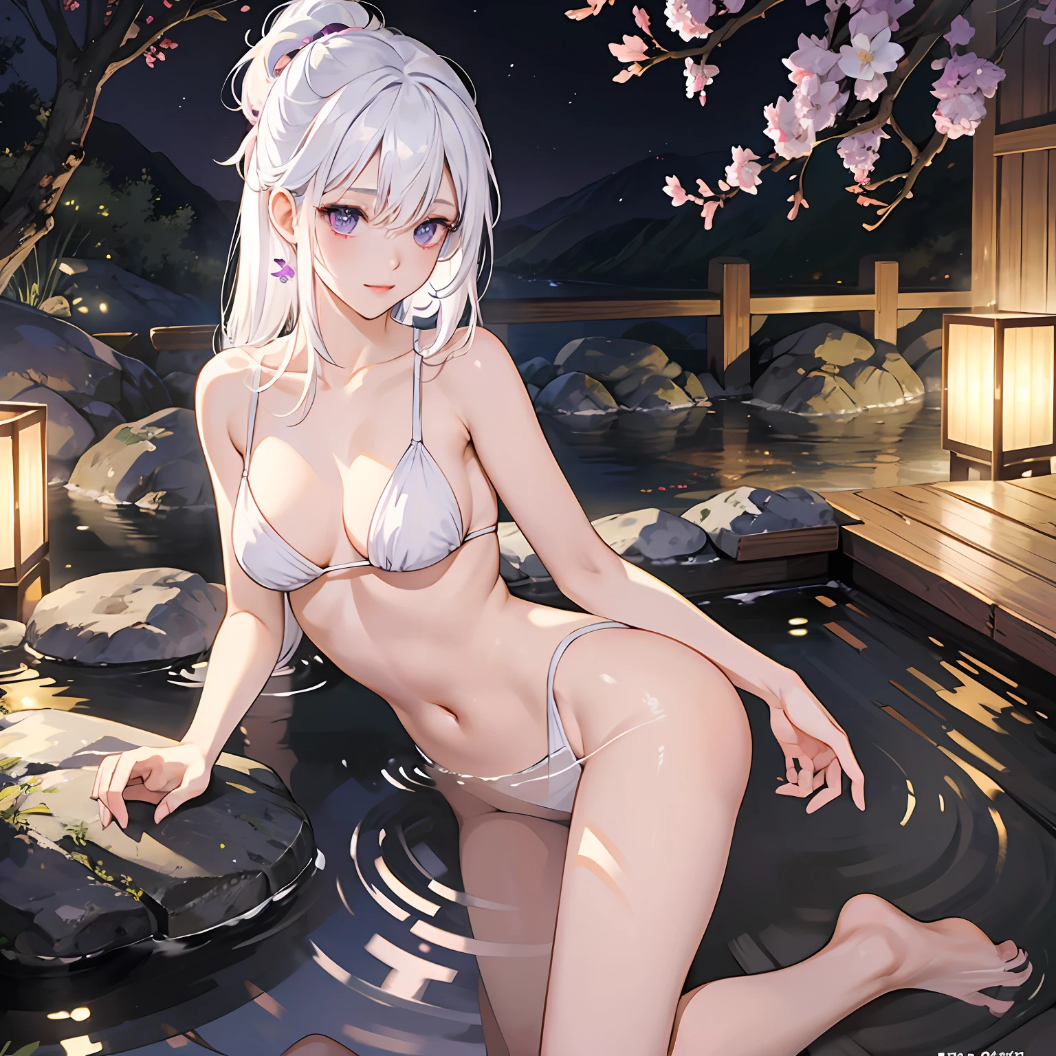 1girl, White hair, Purple eye, sportrait, photorealestic, 比基尼(white colors,thin and light), (onsen), sidelighting, wallpaper, nsfw, --auto