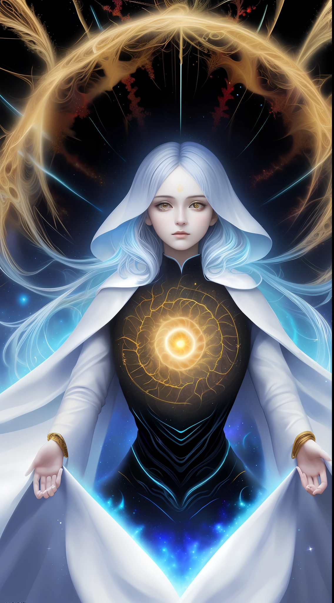 (masterpiece, top quality, best quality, official art, beautiful and aesthetic:1.2), (1girl), extreme detailed, (fractal art:1.3), colorful, highest detailed, perfect face, upper body, HDR, (praying:1.3), (white cloak golden lines:1.2), galaxy, (light streaks), striking visuals, (dynamic streaks, luminous trails:1.2), vibrant colors,