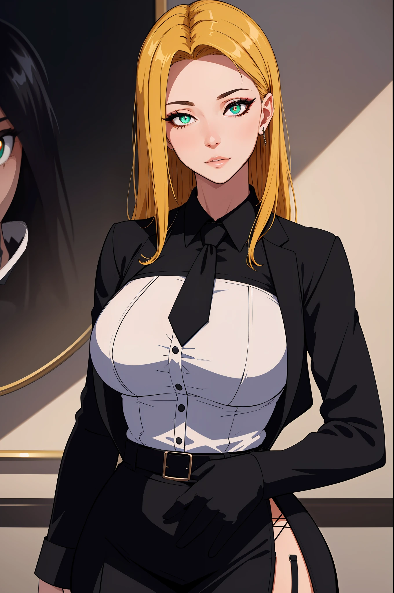 (masterpiece, highres, best quality:1.2), 8K, highly detailed, intricate, colorful, vibrant image, sharp focus, cinematic) blonde hair, long hair, green eyes, body builder (Wearing black business outfit, black_collared shirt cropped jacket ,tie,necktie,black frilled skirt, garter straps, leather waist belt) (big perfect round breasts,hourglass body, thin waist,very thin waist, Photo realistic,(hyperrealistic:1)beautiful, masterpiece, best quality, extremely detailed face,perfect face,beautiful face, perfect lighting,detailed eye makeup, detail face, nice detailed eyes,nice hands, perfect hands,glowing eyes (realistic pupils,realistic iris:1) heavy eye makeup,(empty Casino)(Posing dynamically)