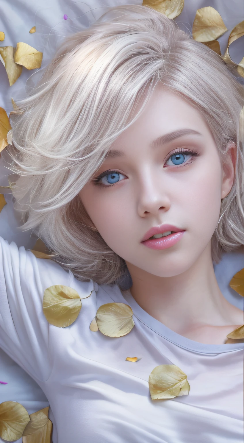 hyper realistic, ultra detailed, beautiful girl , silver short hair,tiny chest, blue eyes, age,summer, on the bed with rose petals,from below