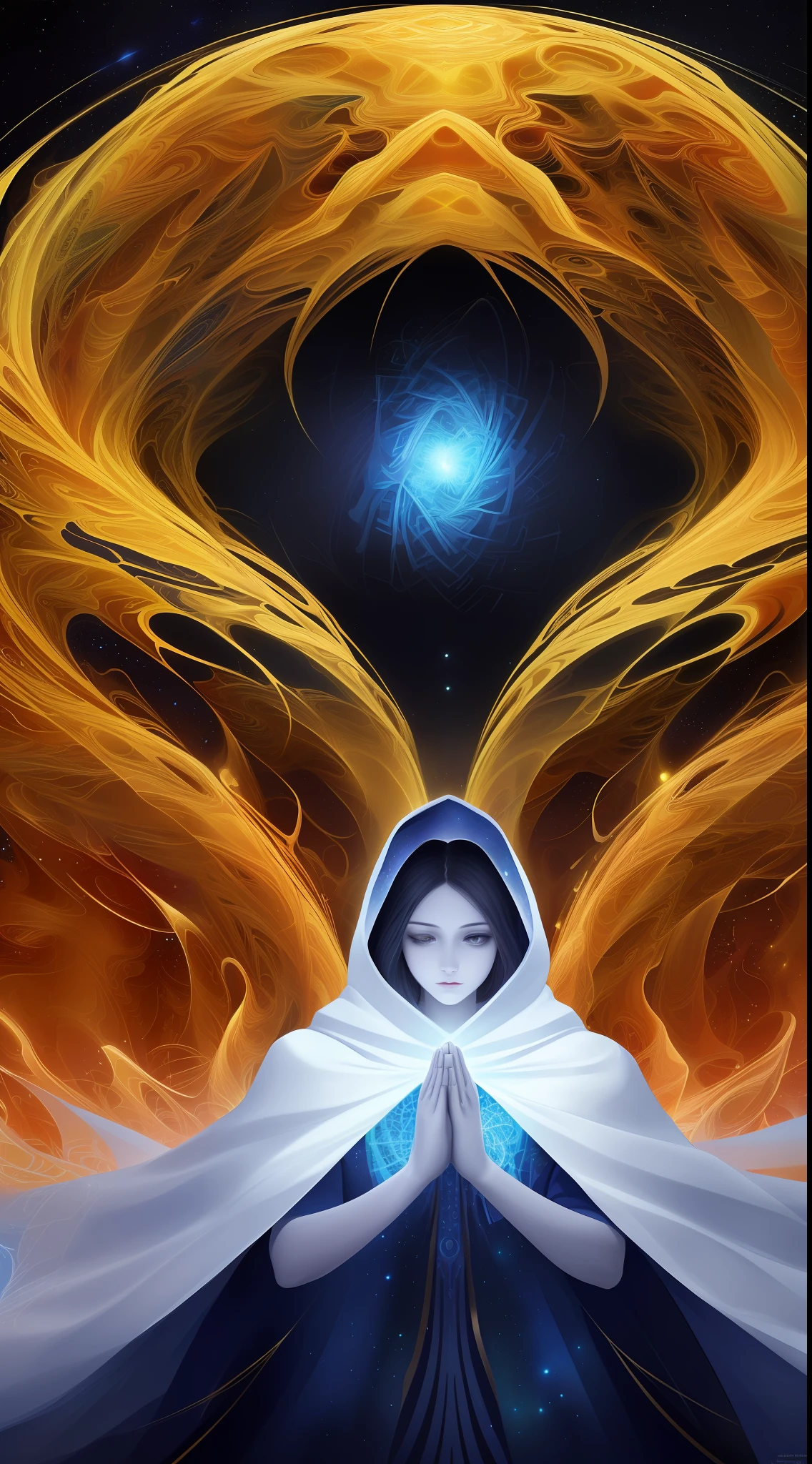 (masterpiece, top quality, best quality, official art, beautiful and aesthetic:1.2), (1girl), extreme detailed, (fractal art:1.3), colorful, highest detailed, perfect face, upper body, HDR, (praying:1.3), (white cloak golden lines:1.2), galaxy, (light streaks), striking visuals, (dynamic streaks, luminous trails:1.2), vibrant colors,