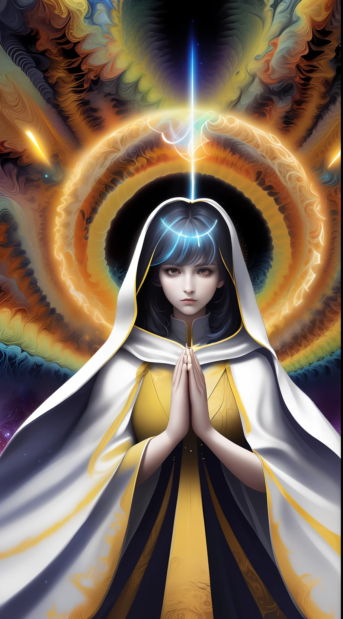 (masterpiece, top quality, best quality, official art, beautiful and aesthetic:1.2), (1girl), extreme detailed, (fractal art:1.3), colorful, highest detailed, perfect face, upper body, HDR, (praying:1.3), (white cloak golden lines:1.2), galaxy, (light streaks), striking visuals, (dynamic streaks, luminous trails:1.2), vibrant colors,