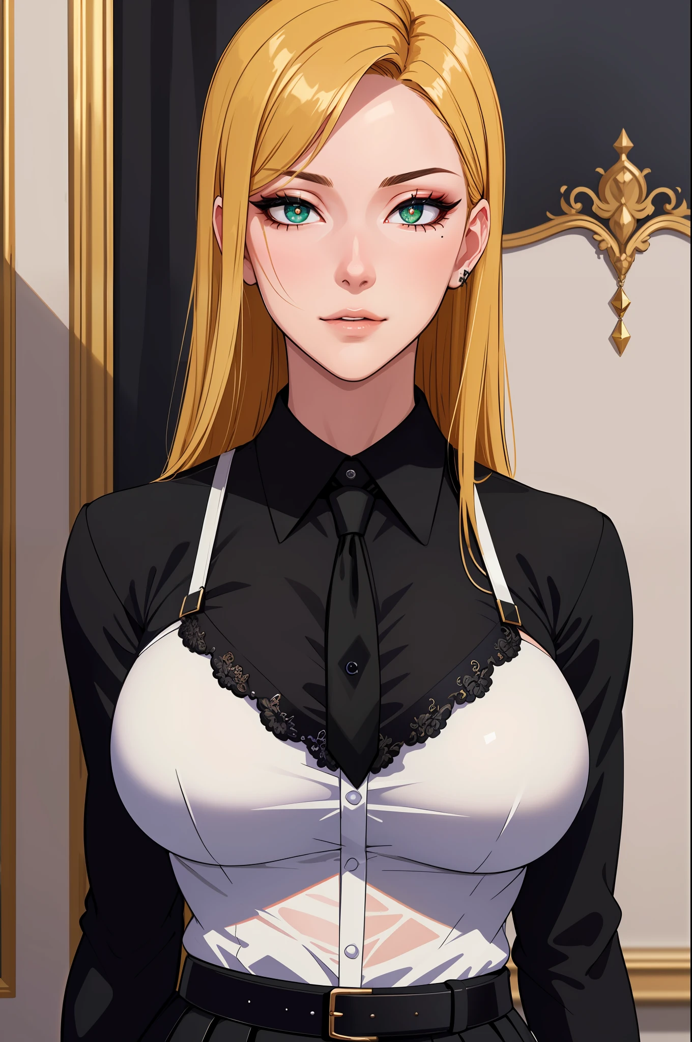 (masterpiece, highres, best quality:1.2), 8K, highly detailed, intricate, colorful, vibrant image, sharp focus, cinematic)  blonde hair, long hair, green eyes, body builder (Wearing black business outfit, black_collared shirt cropped jacket ,tie,necktie,black frilled skirt, garter straps, leather waist belt) (big perfect round breasts,hourglass body, thin waist,very thin waist, Photo realistic,(hyperrealistic:1)beautiful, masterpiece, best quality, extremely detailed face,perfect face,beautiful face, perfect lighting,detailed eye makeup, detail face, nice detailed eyes,nice hands, perfect hands,glowing eyes (realistic pupils,realistic iris:1) heavy eye makeup,(empty Casino)(Posing dynamically)