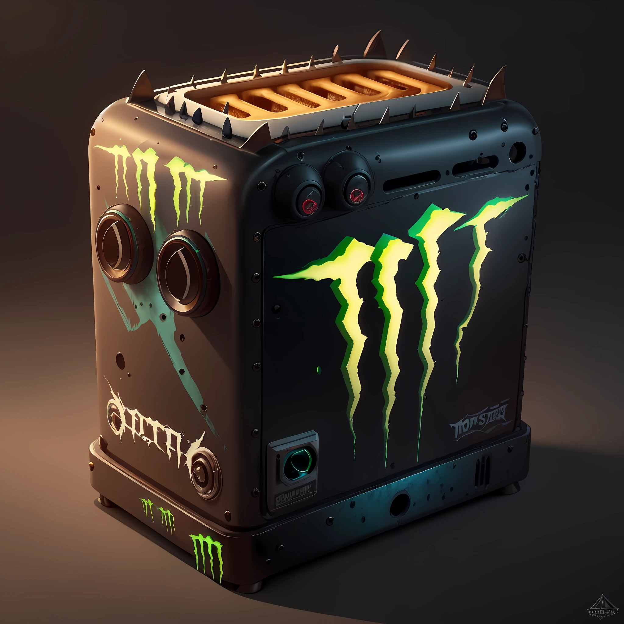 Close-up of toaster with monster energy, ultra realistic concept art, monster energy, monster design, highly realistic concept art, hyperreal rendering, hyperrealistic concept art, toaster, hyperrealistic concept art, trending on polycount, Product rendering, ultra realistic 3d illustration, 3 d product render, Monster, hyper realistic detailed rendering, Monster Energy Drink