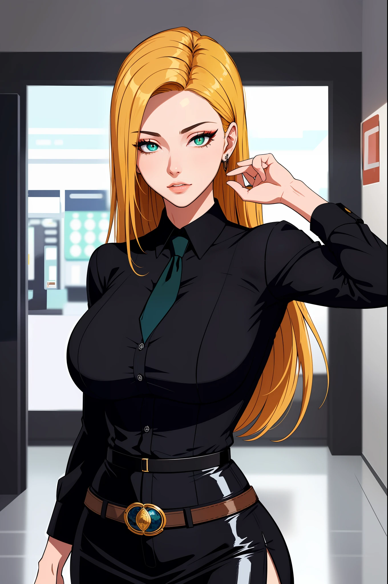 (masterpiece, highres, best quality:1.2), 8K, highly detailed, intricate, colorful, vibrant image, sharp focus, cinematic)  blonde hair, long hair, green eyes, body builder (Wearing black business outfit, black_collared shirt cropped jacket ,tie,necktie,black frilled skirt, garter straps, leather waist belt) (big perfect round breasts,hourglass body, thin waist,very thin waist, Photo realistic,(hyperrealistic:1)beautiful, masterpiece, best quality, extremely detailed face,perfect face,beautiful face, perfect lighting,detailed eye makeup, detail face, nice detailed eyes,nice hands, perfect hands,glowing eyes (realistic pupils,realistic iris:1) heavy eye makeup,(empty Casino)(Posing dynamically)