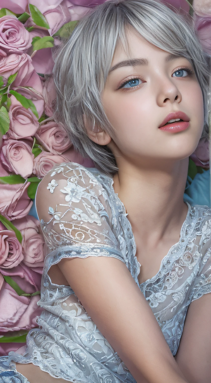 hyper realistic, ultra detailed, beautiful girl , silver short hair,tiny chest, blue eyes, teenage,summer, on the bed with rose petals,from below