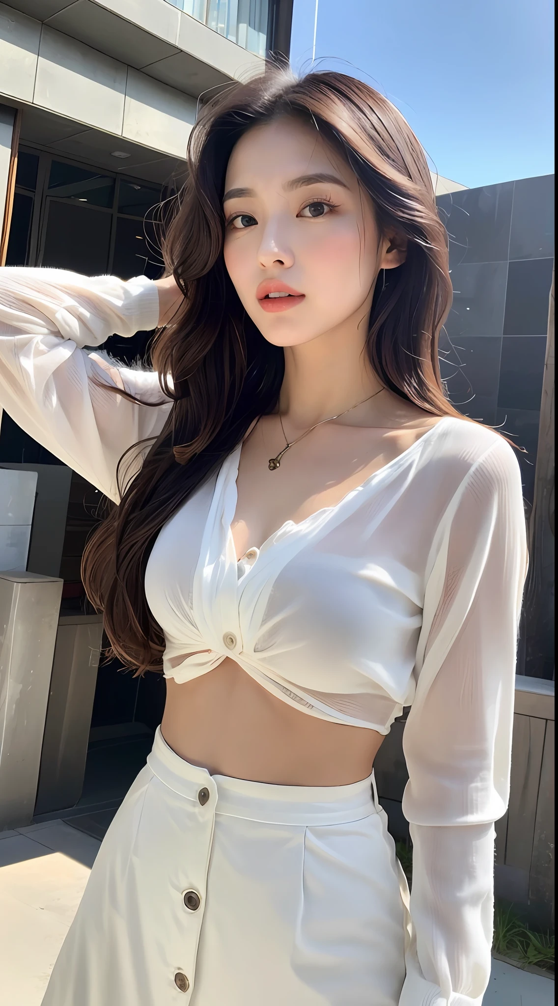(Best quality, high resolution, masterpiece: 1.3), a tall and beautiful woman, slender abs, dark brown hair in loose wavy styling, breasts, wearing a pendant, white button-down shirt, black skirt, (modern architecture in the background), face and skin texture in beautifully presented details, detailed eyes, double eyelids