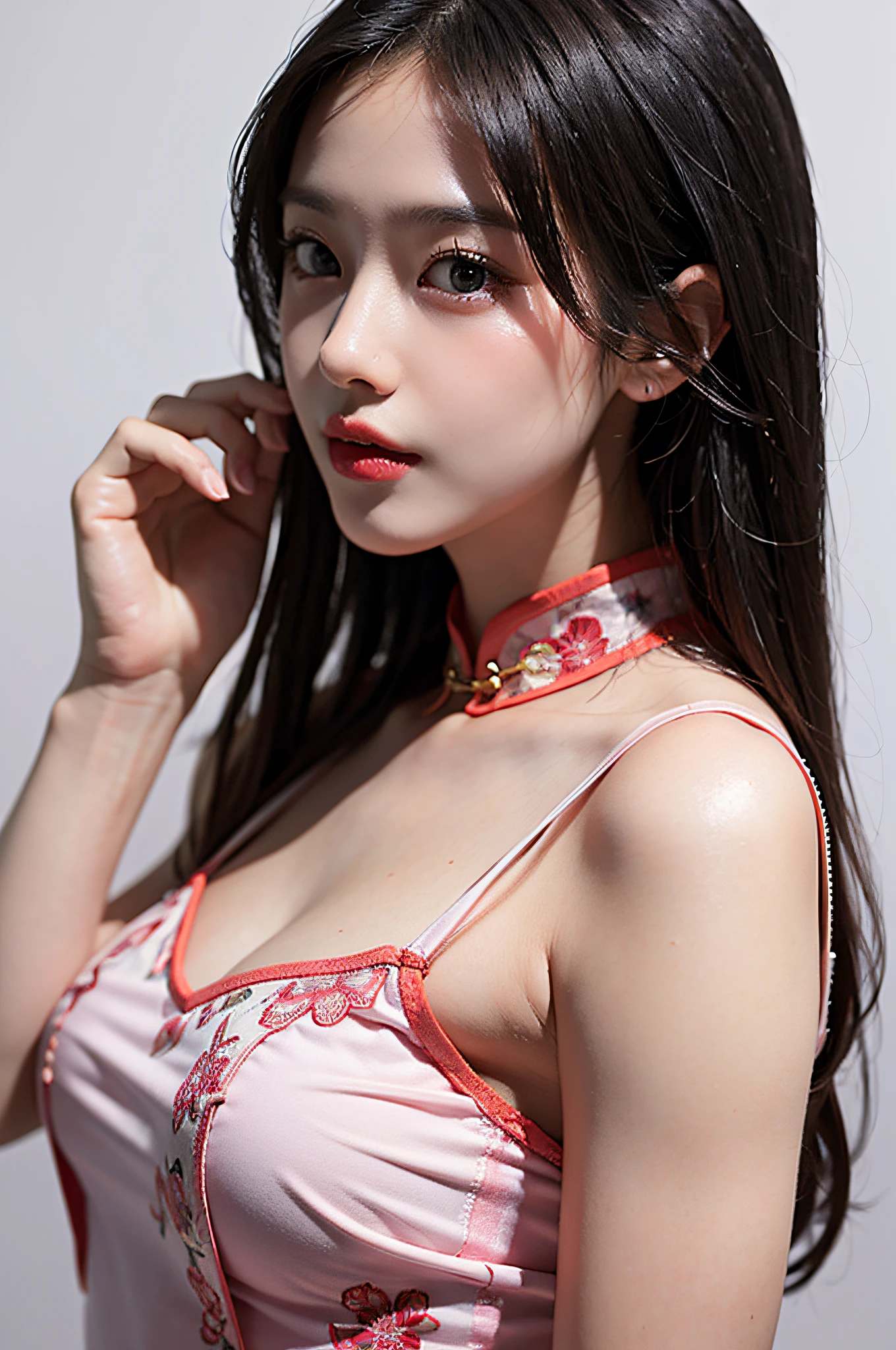 （Hyperrealistic,）4K,35mm，hyper-high detail, Professional lighting, Best quality, Ultra-high resolution, Visually stunning, (1girll:1.3), National style （on cheongsam）,realskin,（Perfect body 1.3）Ultra-delicate face。